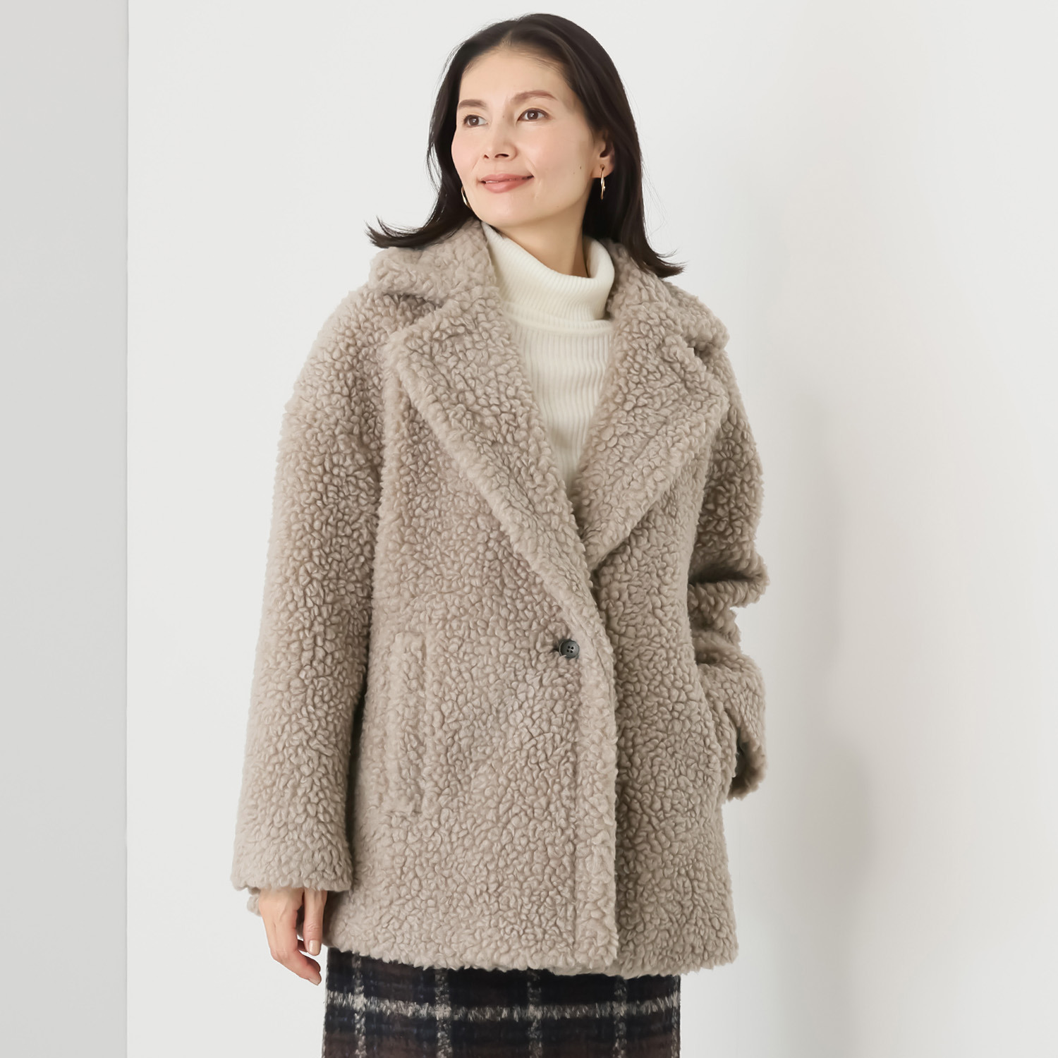 メリオン 軽くて暖かい ウール混ボア ミドル丈コート