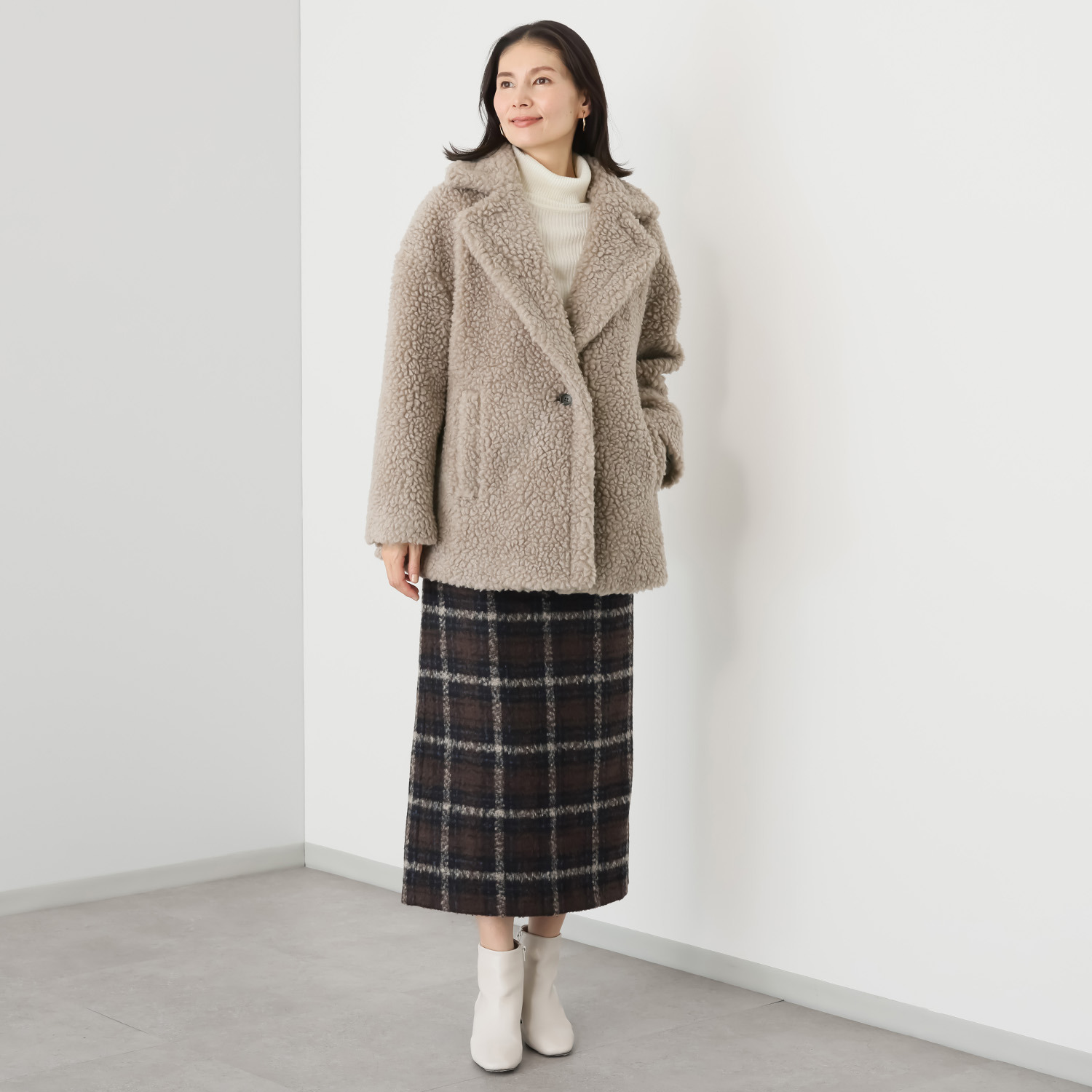 メリオン 軽くて暖かい ウール混ボア ミドル丈コート
