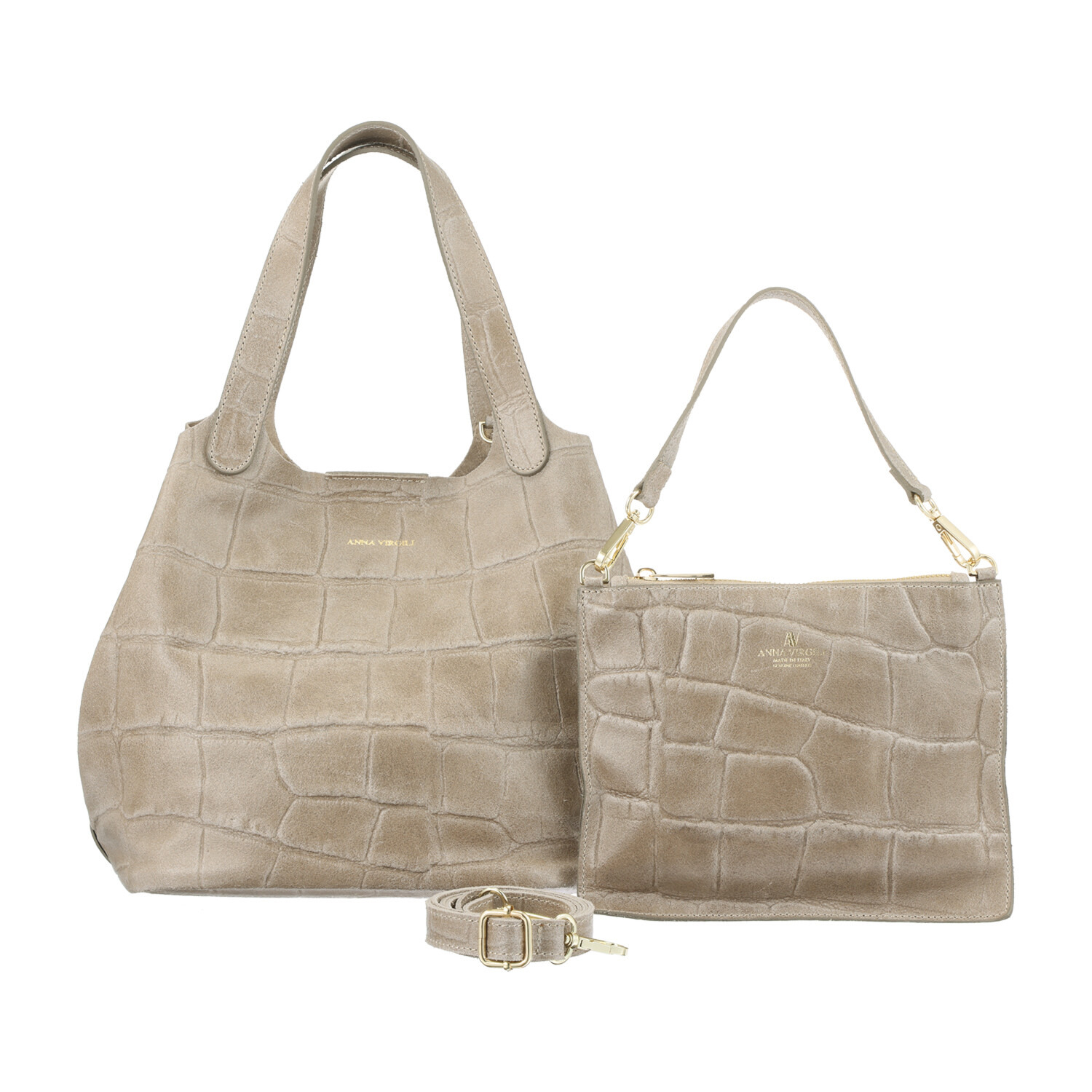 アンナヴィルジリ ＜イタリア製＞ カーフスエード クロコダイル型押し ミニバッグ付トートバッグ “ＦＲＡＮＣＡ”