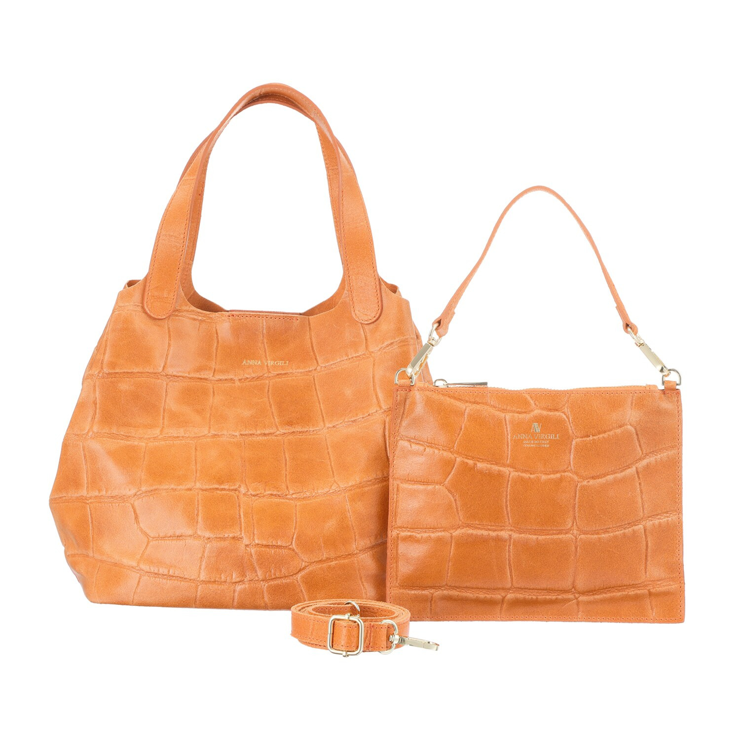 アンナヴィルジリ ＜イタリア製＞ カーフスエード クロコダイル型押し ミニバッグ付トートバッグ “ＦＲＡＮＣＡ”
