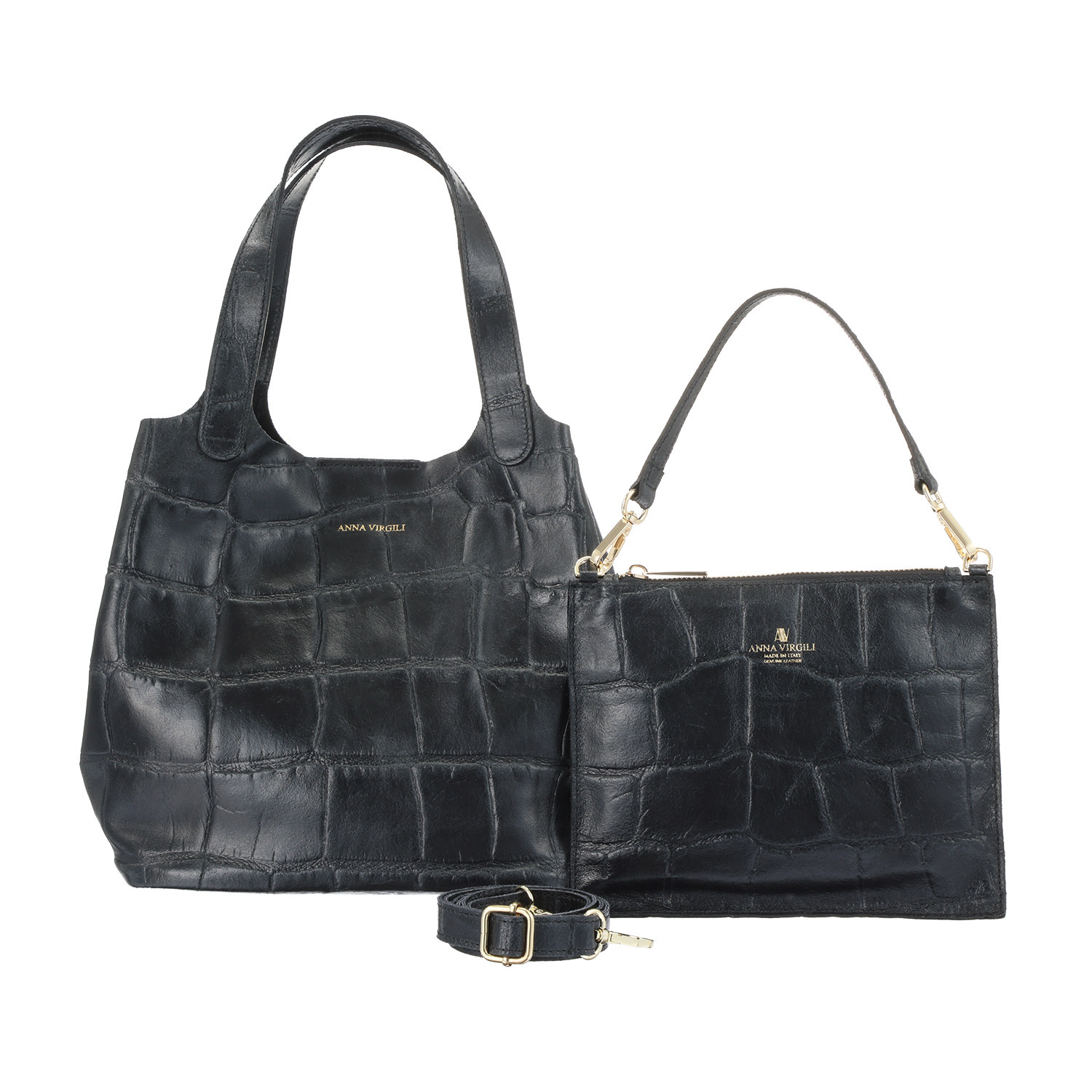 アンナヴィルジリ ＜イタリア製＞ カーフスエード クロコダイル型押し ミニバッグ付トートバッグ “ＦＲＡＮＣＡ”