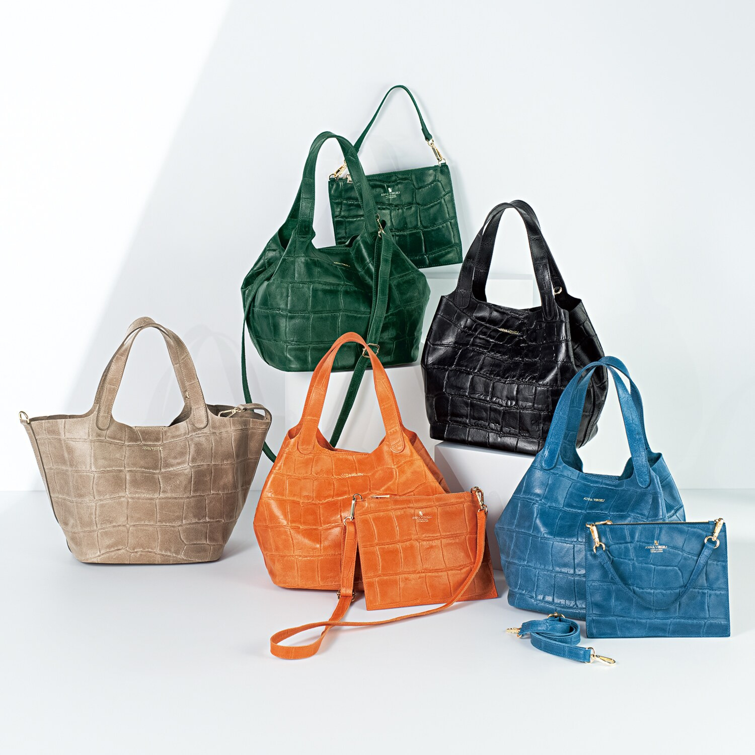 アンナヴィルジリ ＜イタリア製＞ カーフスエード クロコダイル型押し ミニバッグ付トートバッグ “ＦＲＡＮＣＡ”