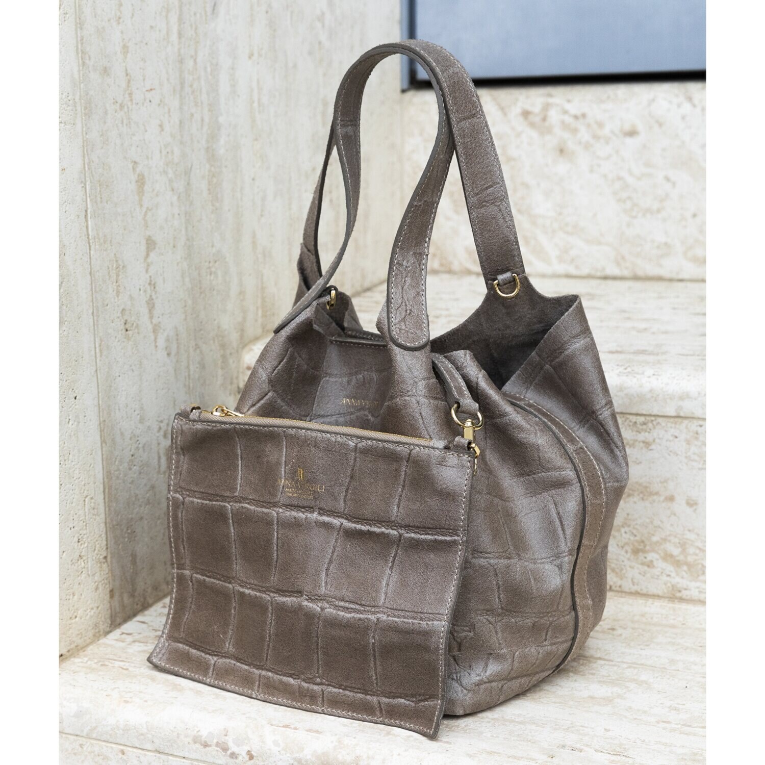 アンナヴィルジリ ＜イタリア製＞ カーフスエード クロコダイル型押し ミニバッグ付トートバッグ “ＦＲＡＮＣＡ”