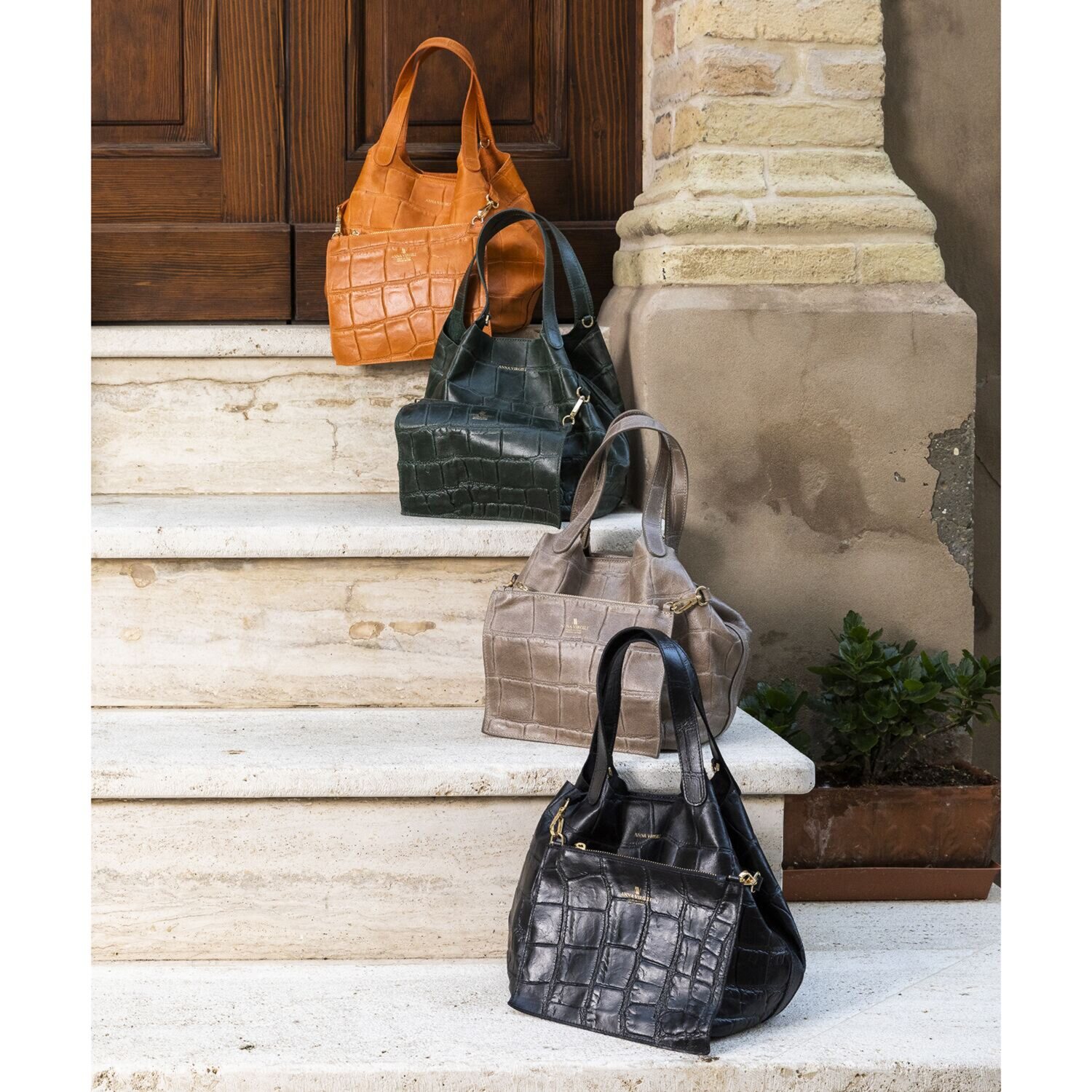 アンナヴィルジリ ＜イタリア製＞ カーフスエード クロコダイル型押し ミニバッグ付トートバッグ “ＦＲＡＮＣＡ”