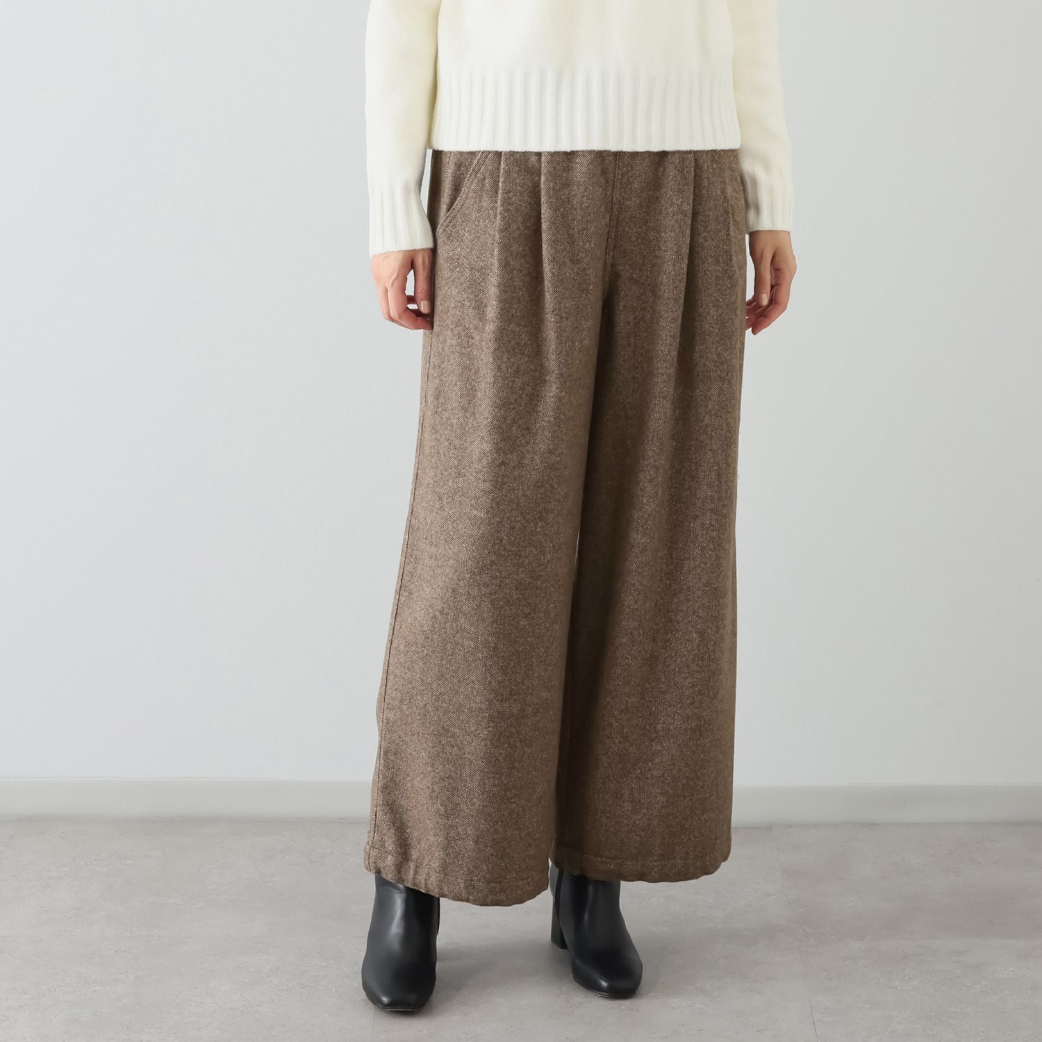 シャビージェンティール ツイード調 ワイドシルエット 裾ドローストリング付 プルオンパンツ