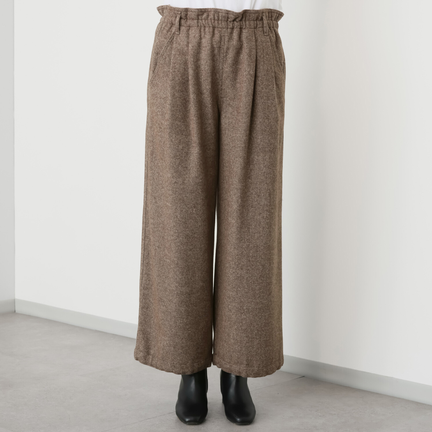 シャビージェンティール ツイード調 ワイドシルエット 裾ドローストリング付 プルオンパンツ