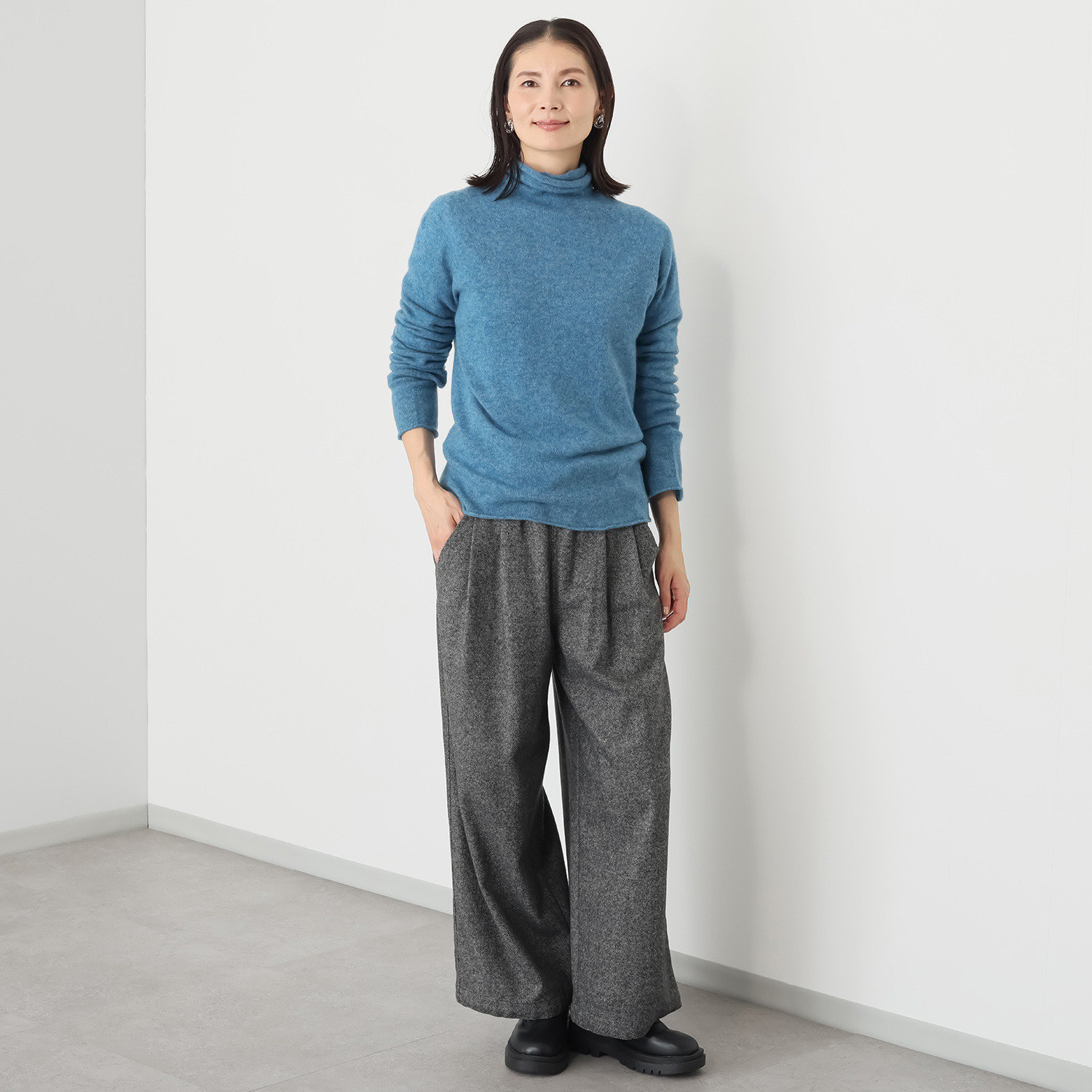 シャビージェンティール ツイード調 ワイドシルエット 裾ドローストリング付 プルオンパンツ