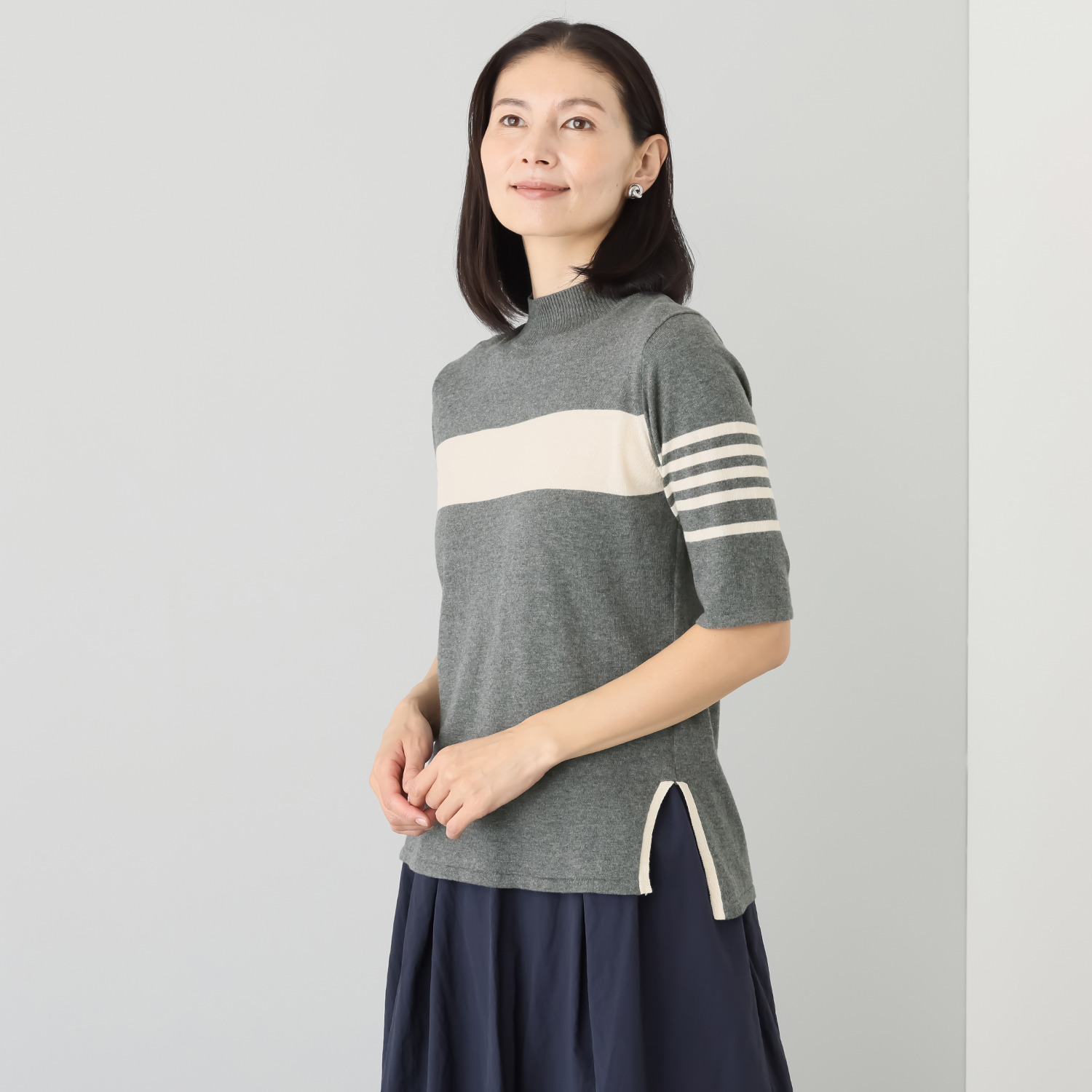 エムジェイアール　バイ マチコ　ジント　ロンドン 配色アクセント 五分袖ニットプルオーバー