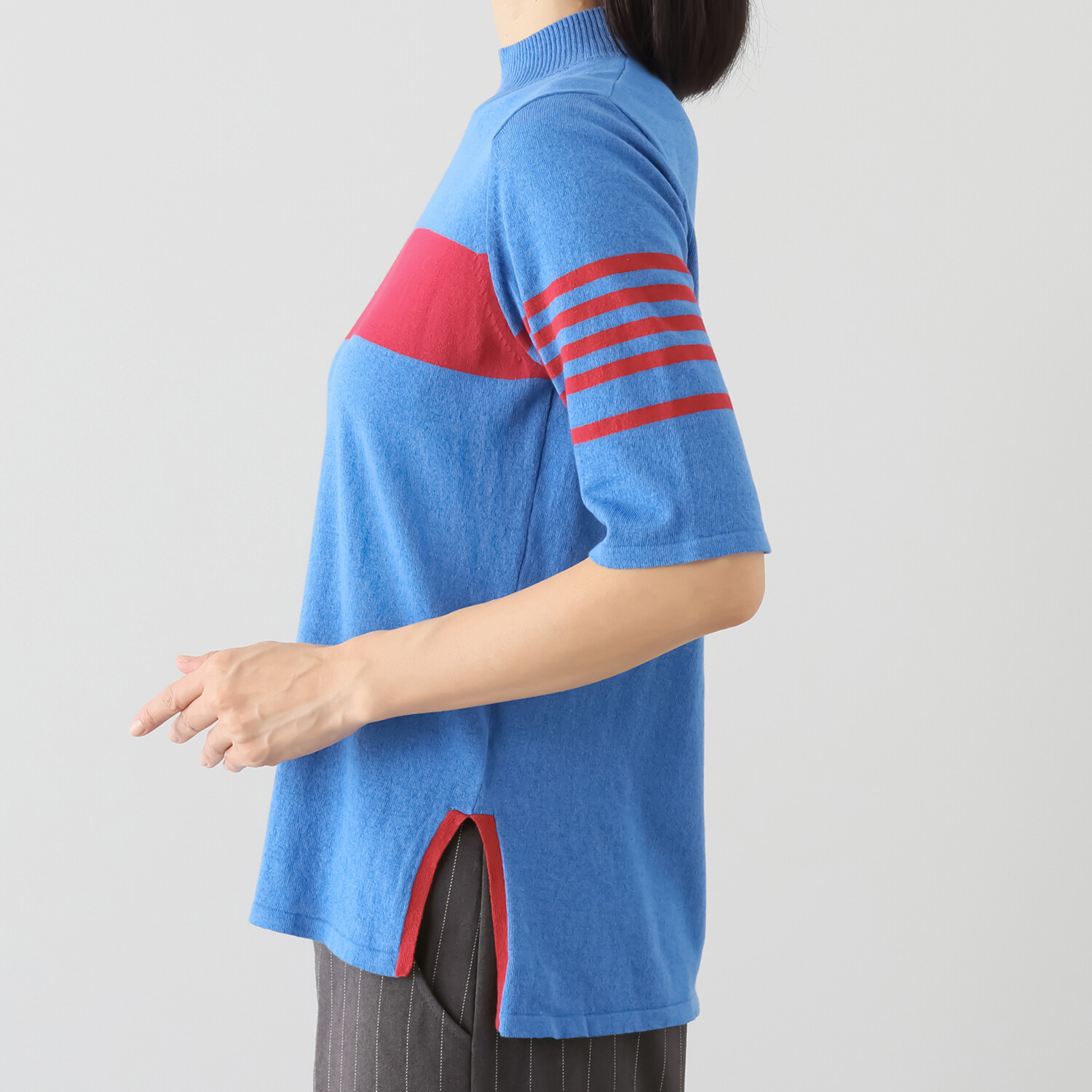 エムジェイアール　バイ マチコ　ジント　ロンドン 配色アクセント 五分袖ニットプルオーバー