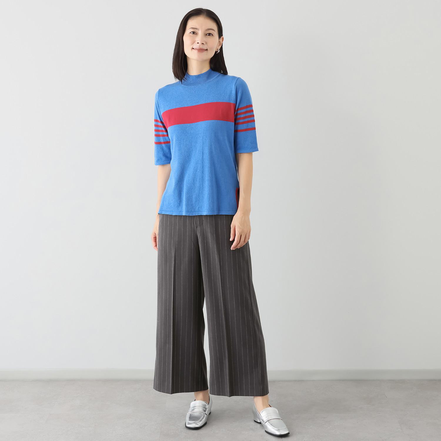 エムジェイアール　バイ マチコ　ジント　ロンドン 配色アクセント 五分袖ニットプルオーバー