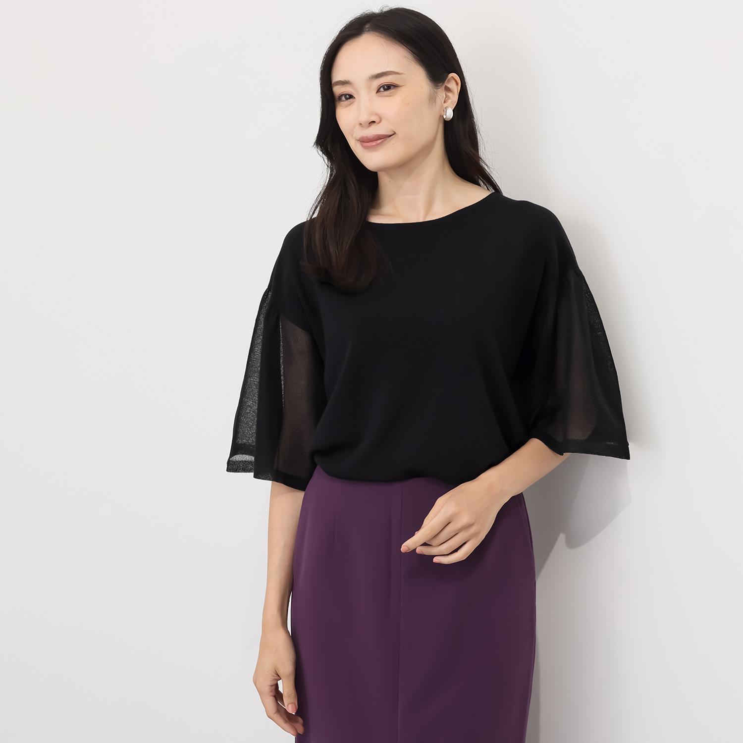 ミューリエ ゆるっと上品で おしゃれ見え 袖シアー ニットプルオーバー