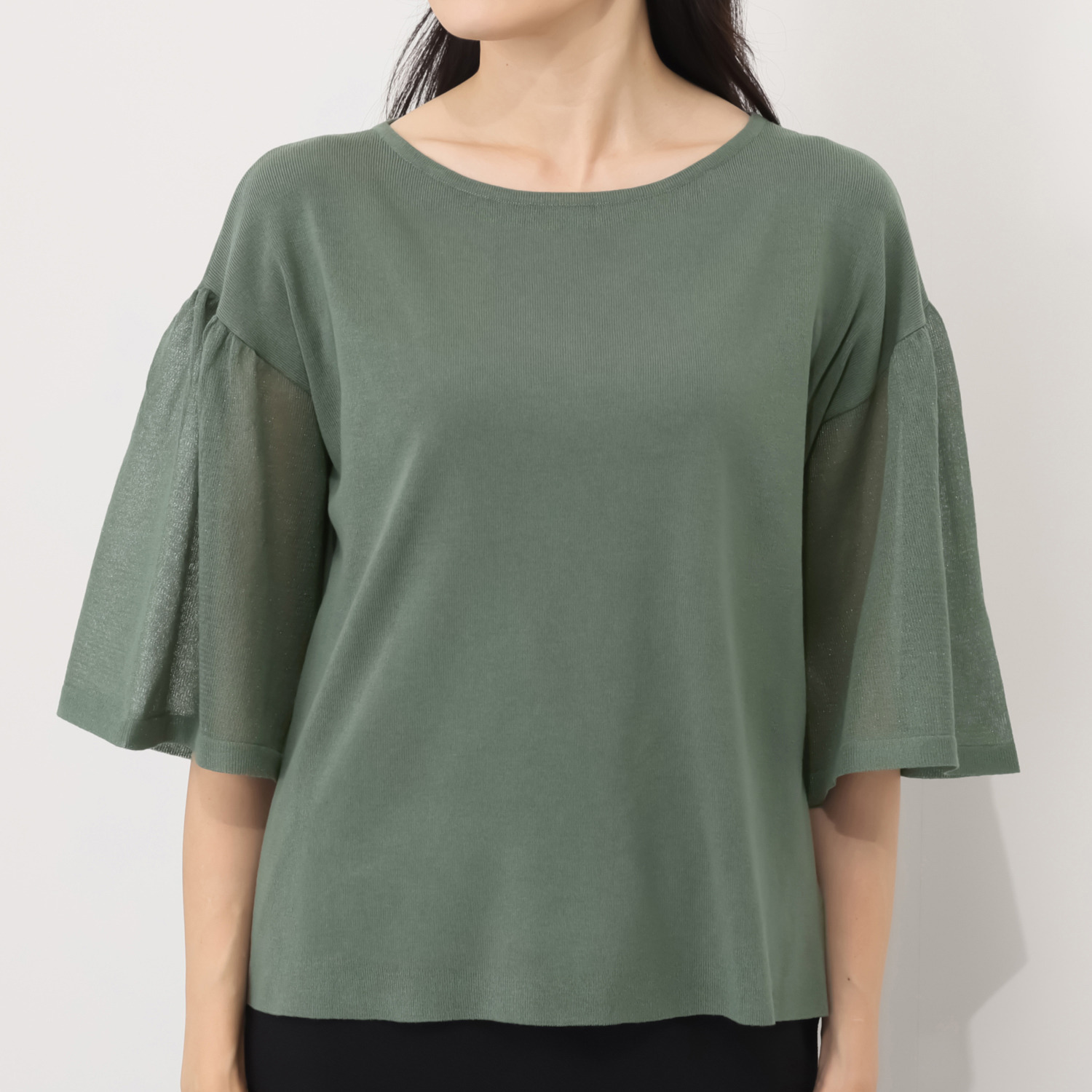 ミューリエ ゆるっと上品で おしゃれ見え 袖シアー ニットプルオーバー