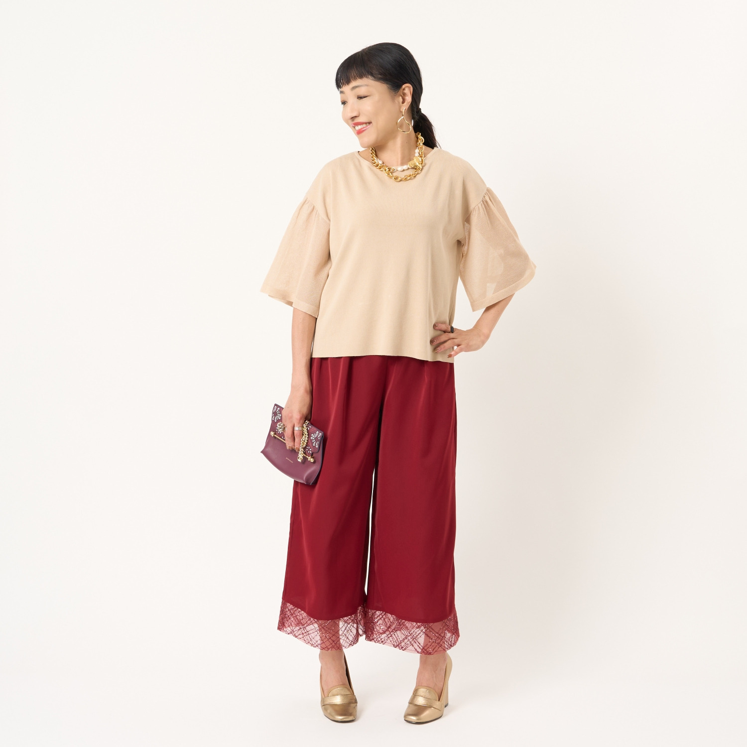 ミューリエ ゆるっと上品で おしゃれ見え 袖シアー ニットプルオーバー