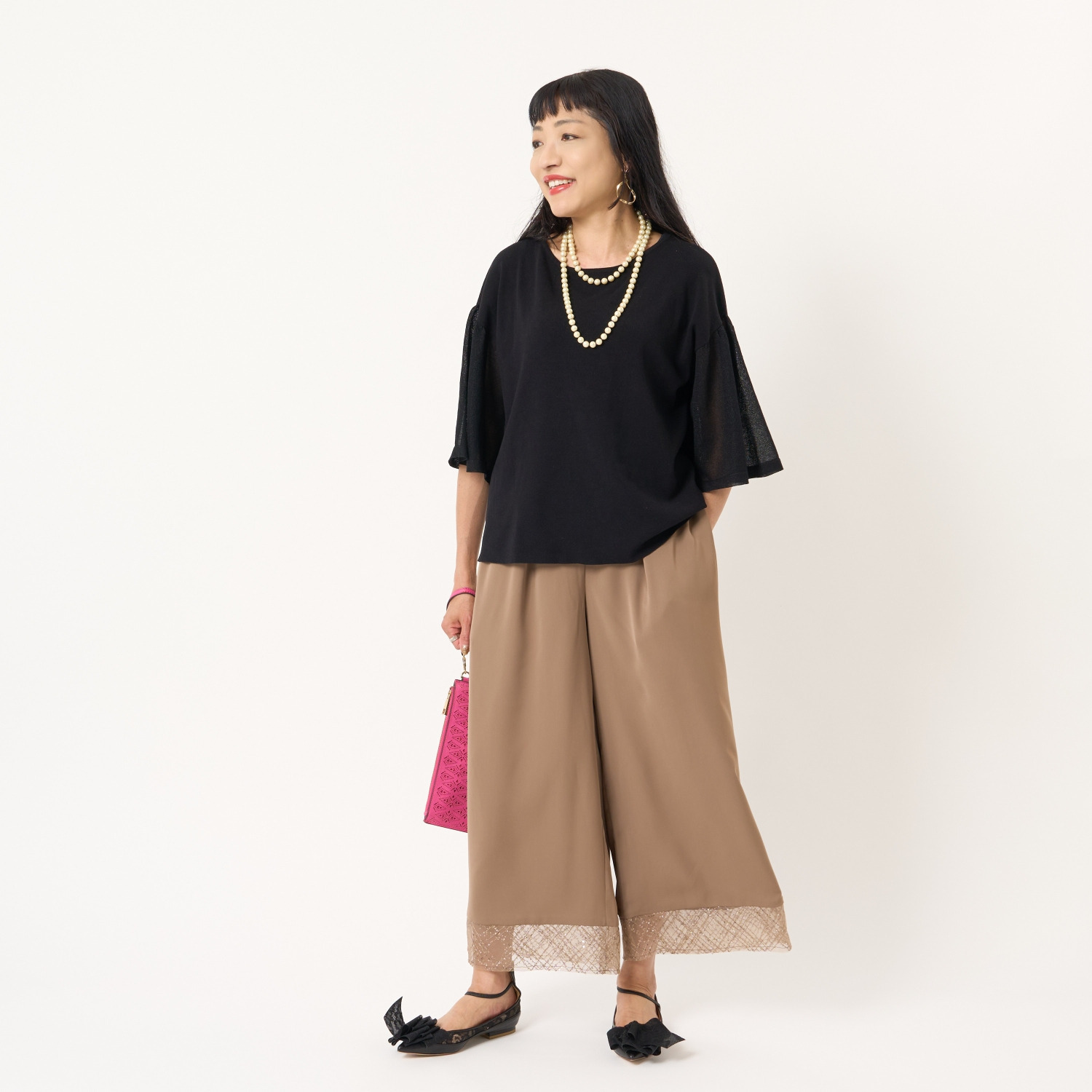 ミューリエ ゆるっと上品で おしゃれ見え 袖シアー ニットプルオーバー