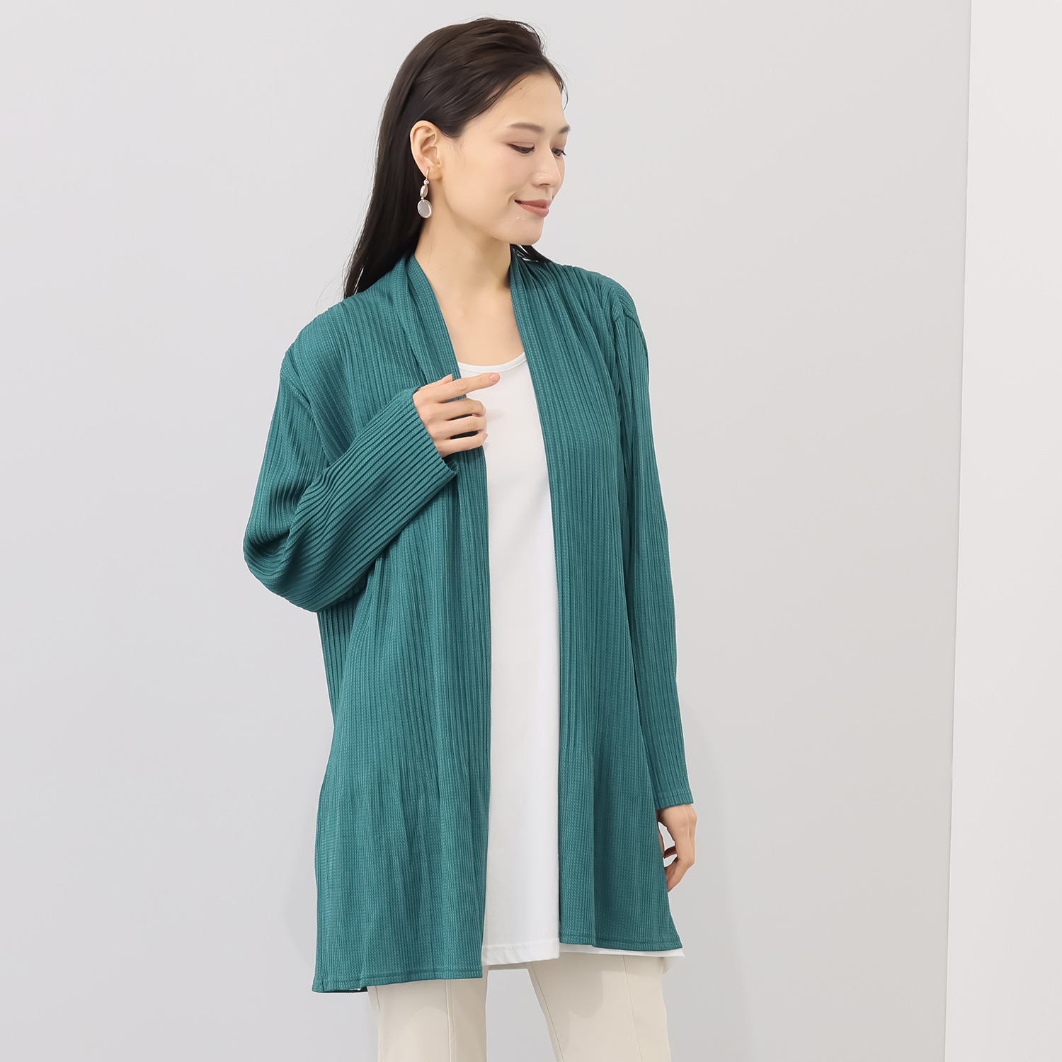 ココンライフ　ドゥ レーヨン混 プリーツ加工 ワッフル調 ロング トッパーカーディガン