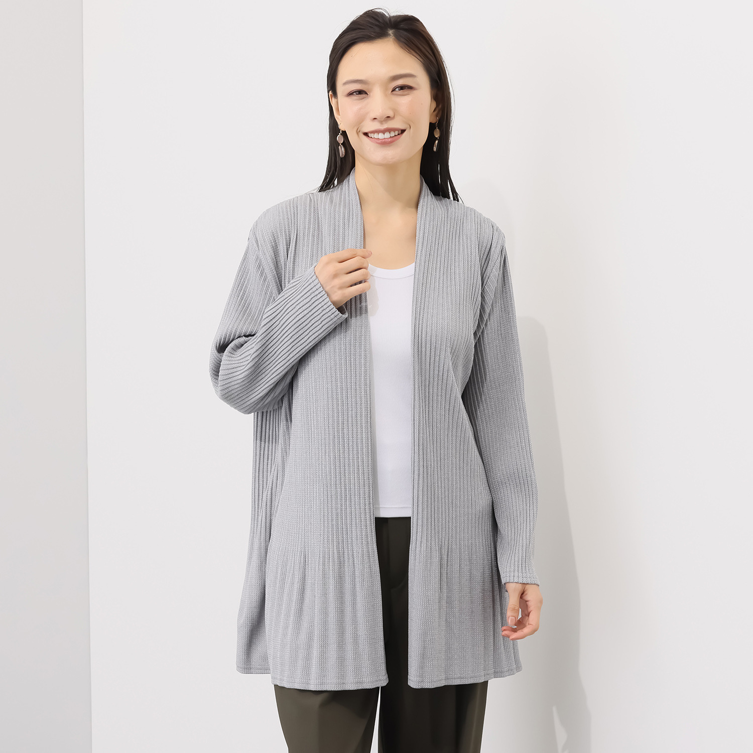 ココンライフ　ドゥ レーヨン混 プリーツ加工 ワッフル調 ロング トッパーカーディガン