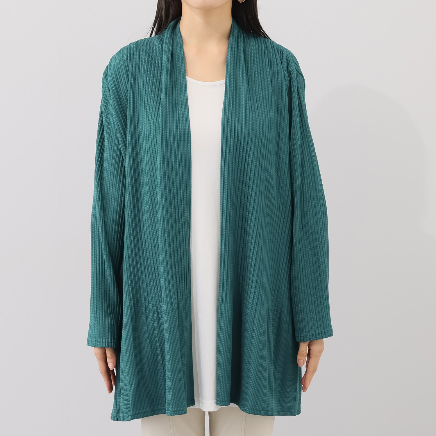 ココンライフ　ドゥ レーヨン混 プリーツ加工 ワッフル調 ロング トッパーカーディガン