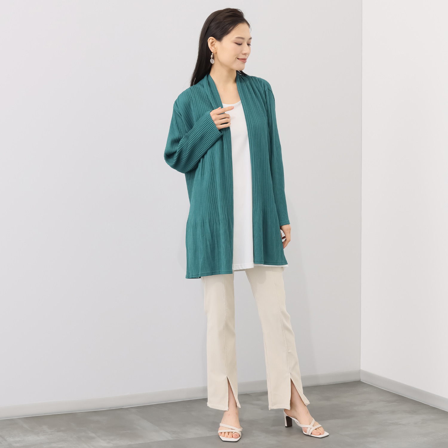 ココンライフ　ドゥ レーヨン混 プリーツ加工 ワッフル調 ロング トッパーカーディガン