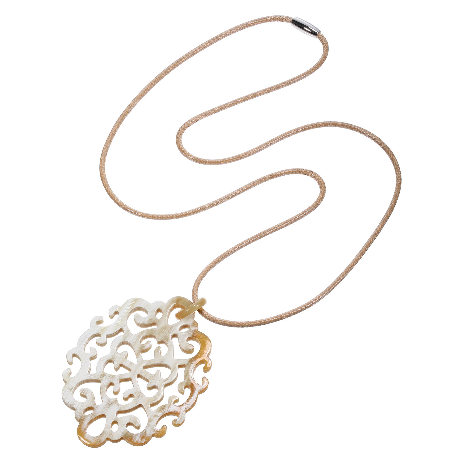 ミル・レーヴ 水牛 アラベスクフラワー 透かし彫り ロングコードペンダント