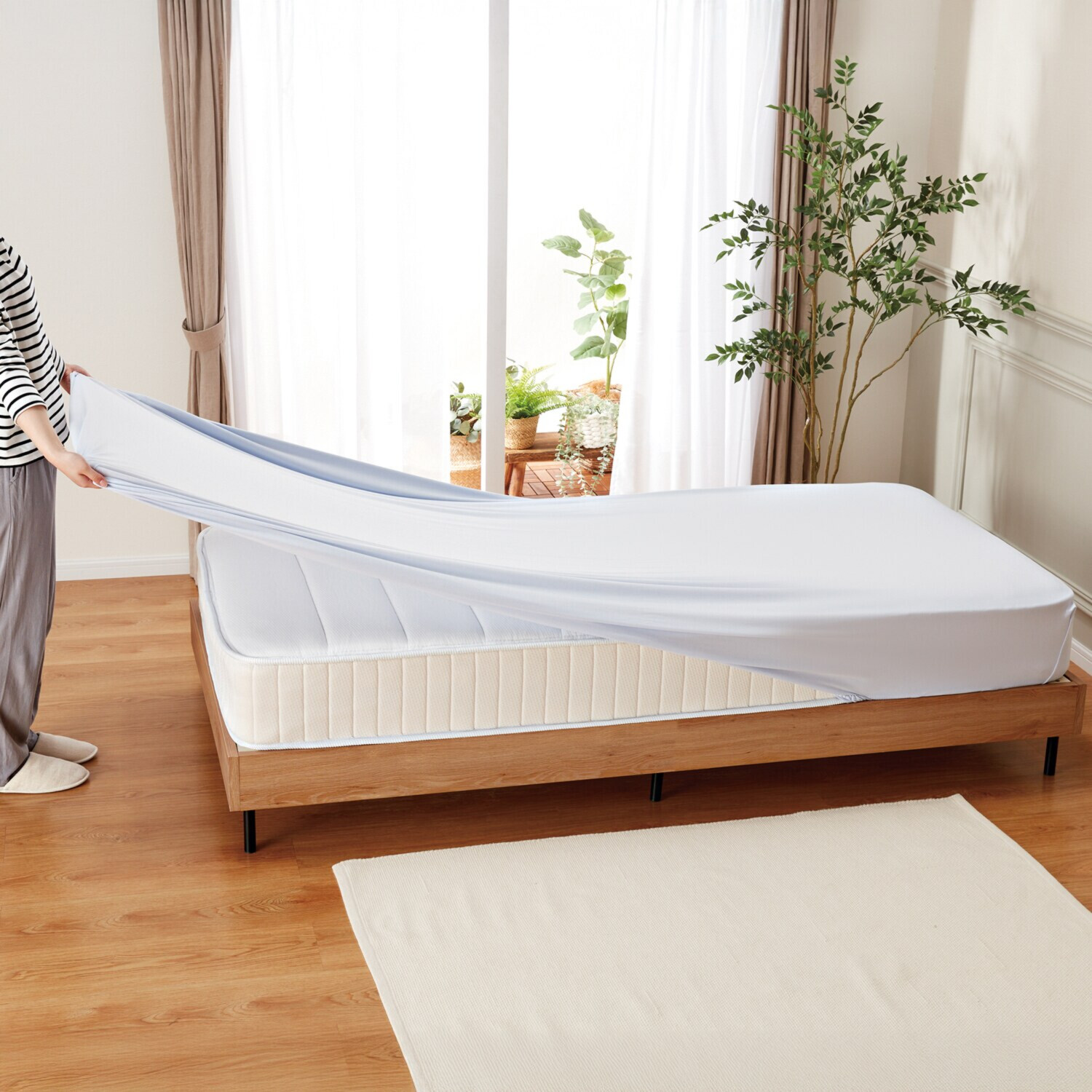 ｎｉｓｈｉｋａｗａ　西川 タテにもヨコにも伸びる 抗菌・消臭 コットンレーヨン のびのびフィットシーツ ＜Ｍ＞