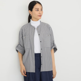 イフェメル／ ダブルフェーストーキョー 日本製 ストライプ柄 胸ポケット付 バンドカラーシャツ