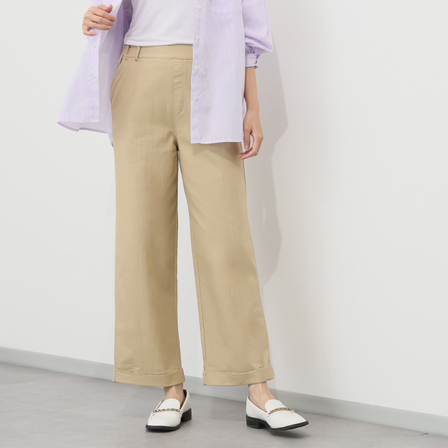 アトリエール コットン混 ハイストレッチ 裾ダブルワイドパンツ