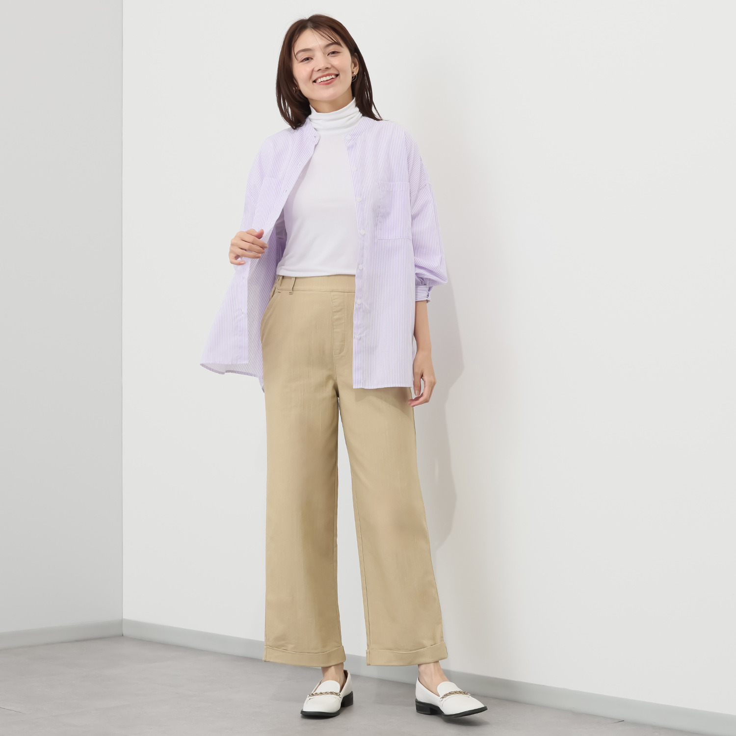 アトリエール コットン混 ハイストレッチ 裾ダブルワイドパンツ