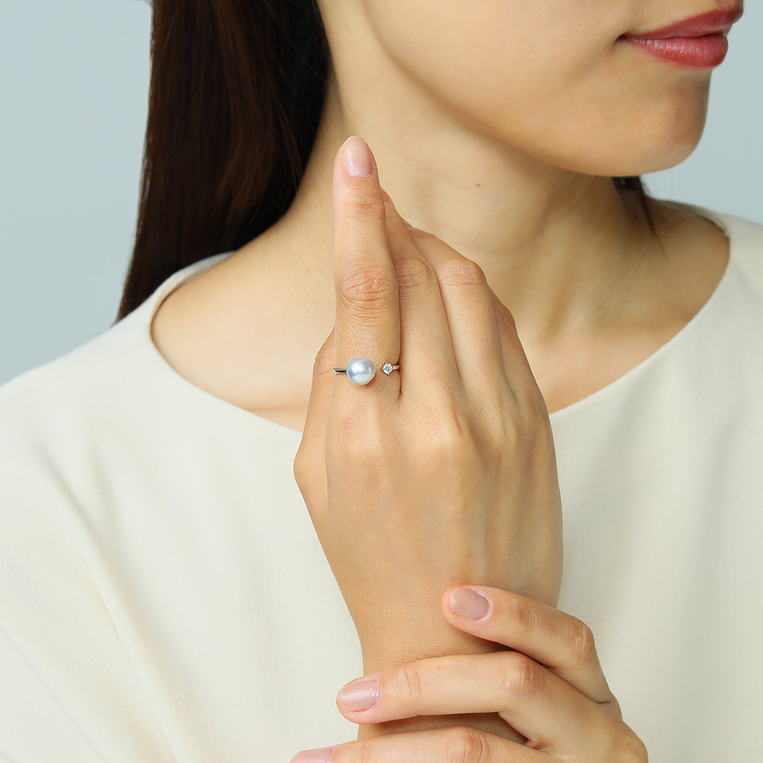 ブーレ シルバー 国産無調色 ナチュラルブルーグレー 大玉アコヤパール＆ＣＺ フォークリング