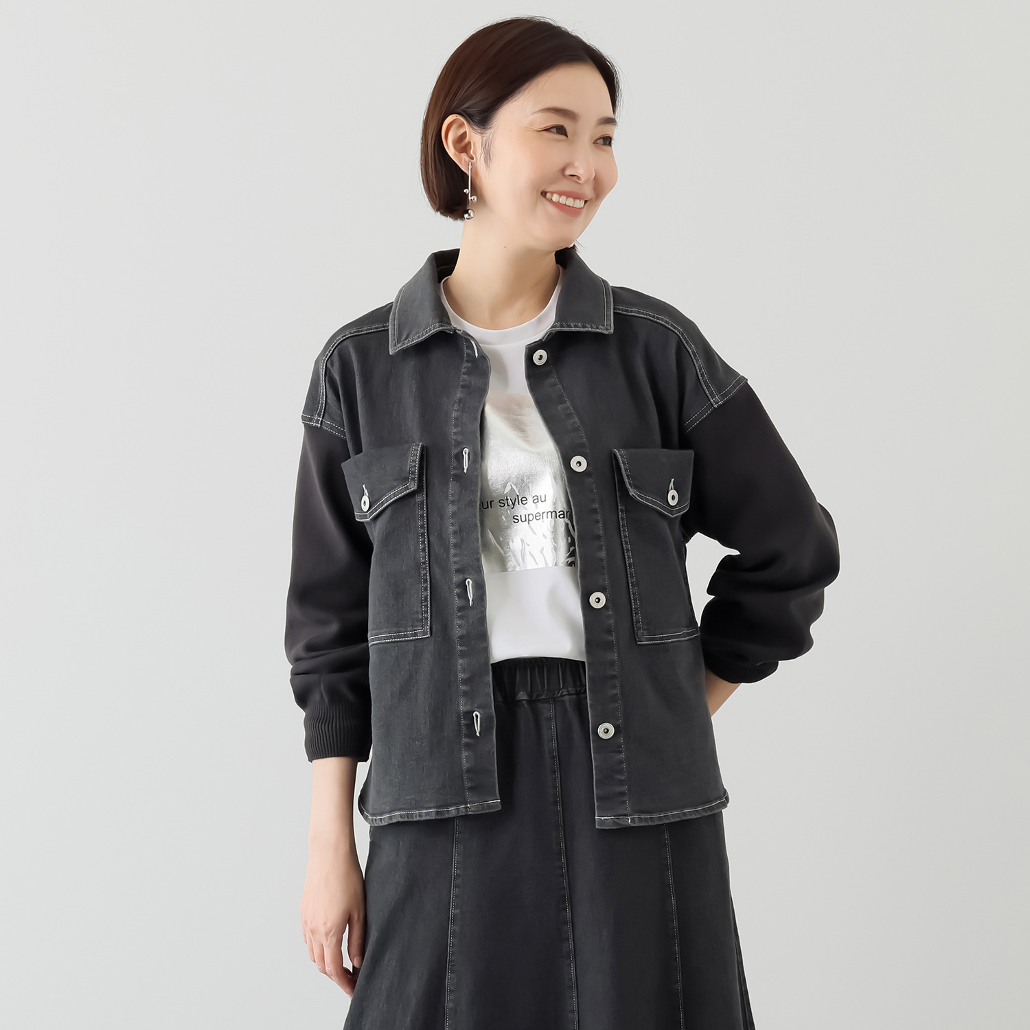 イシカワラボ★ヒトミ ストレッチデニム ニットスリーブアクセント Ｇジャン風ジャケット