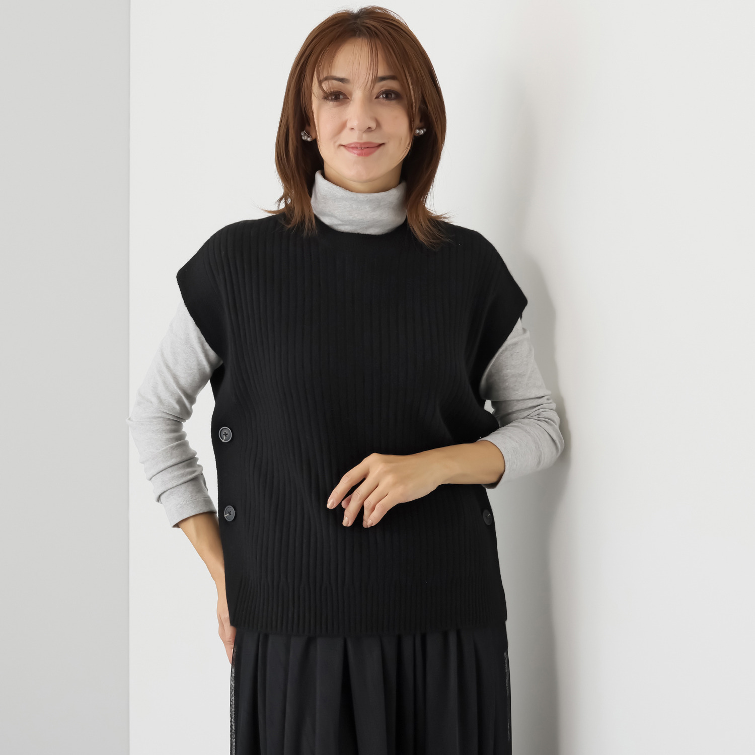 ナチュラム カシミヤ１００％ すっきり見えする リブ編ゆったりベスト