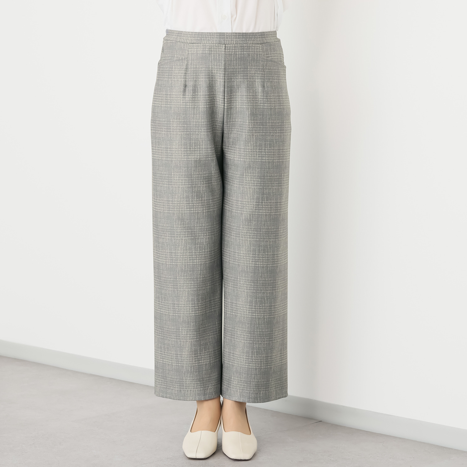 ピーツー チェックプリント 裏微起毛セミワイドパンツ