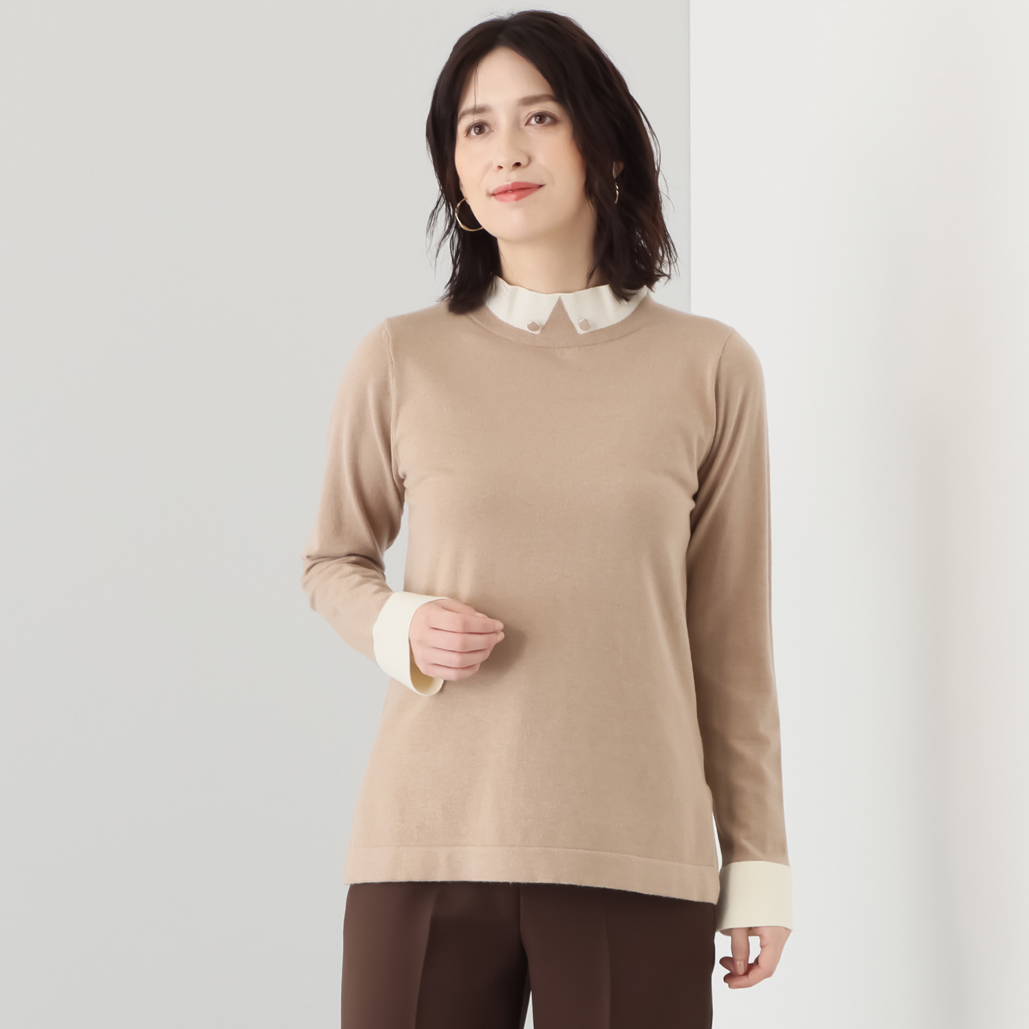 バーチ　ドゥエ 快適着心地！ トロンプルイユ スタンドボタンダウン風 ニットプルオーバー