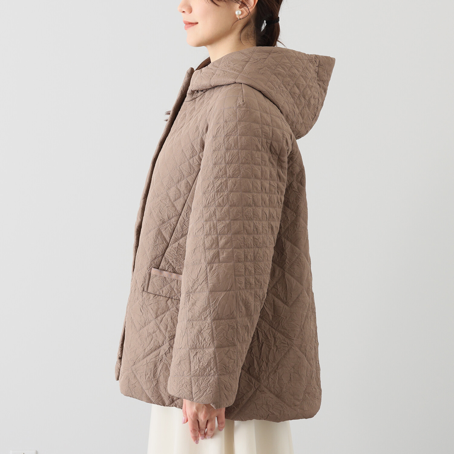 元町ゼラール ワッシャータフタ グラデーションキルト ミドル丈フーディーコート