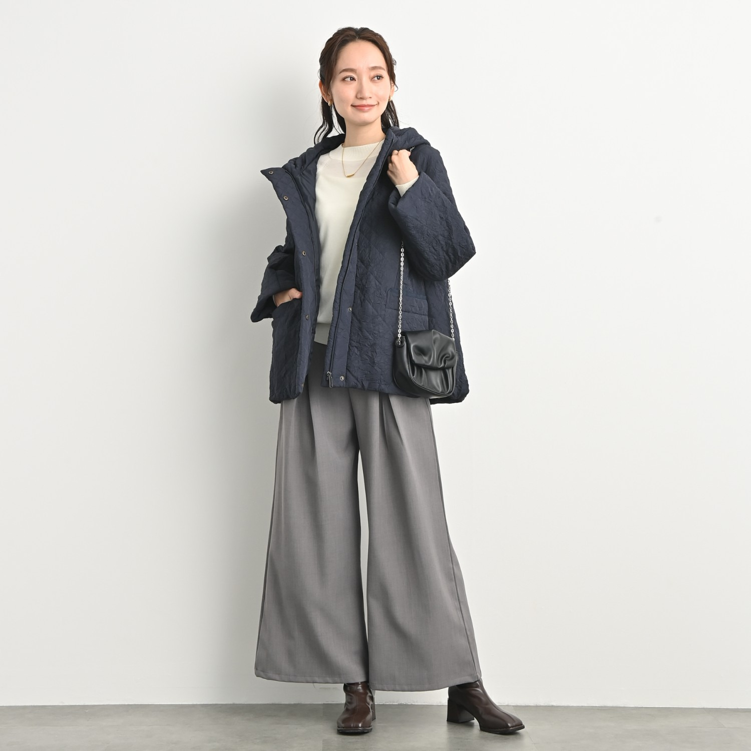 元町ゼラール ワッシャータフタ グラデーションキルト ミドル丈フーディーコート