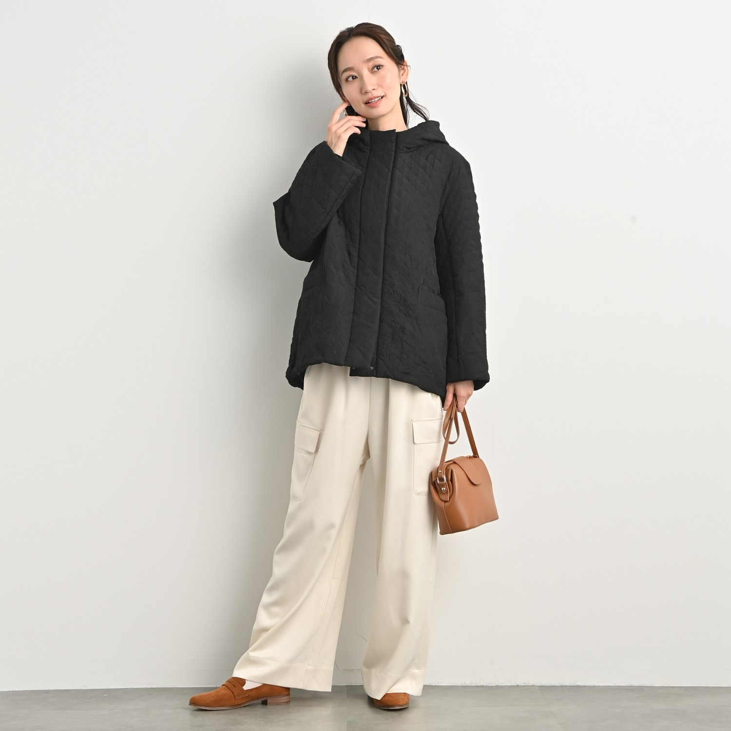 元町ゼラール ワッシャータフタ グラデーションキルト ミドル丈フーディーコート