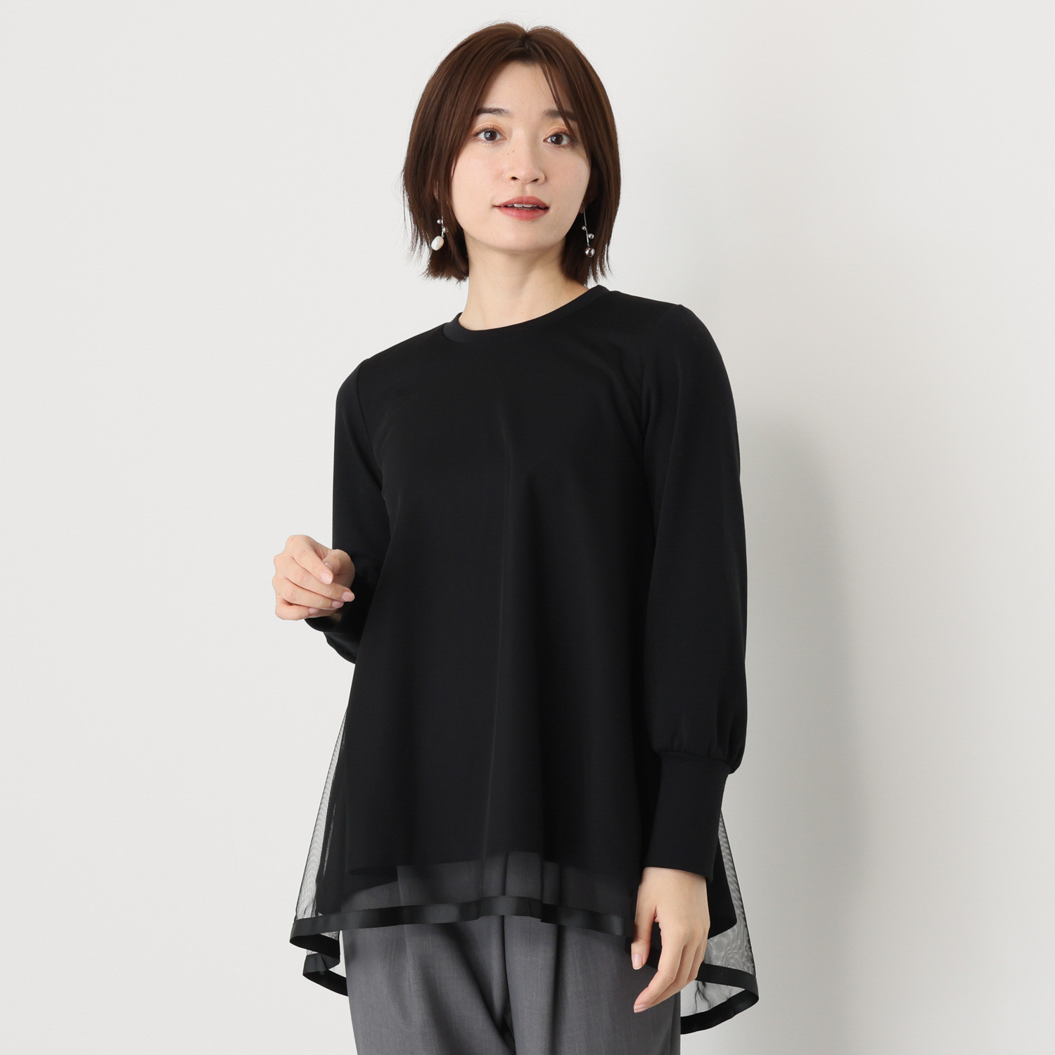 イシカワラボ★ヒトミ 裏起毛ソフトジャージー チュールレイヤード フレアーデザイン チュニックプルオーバー