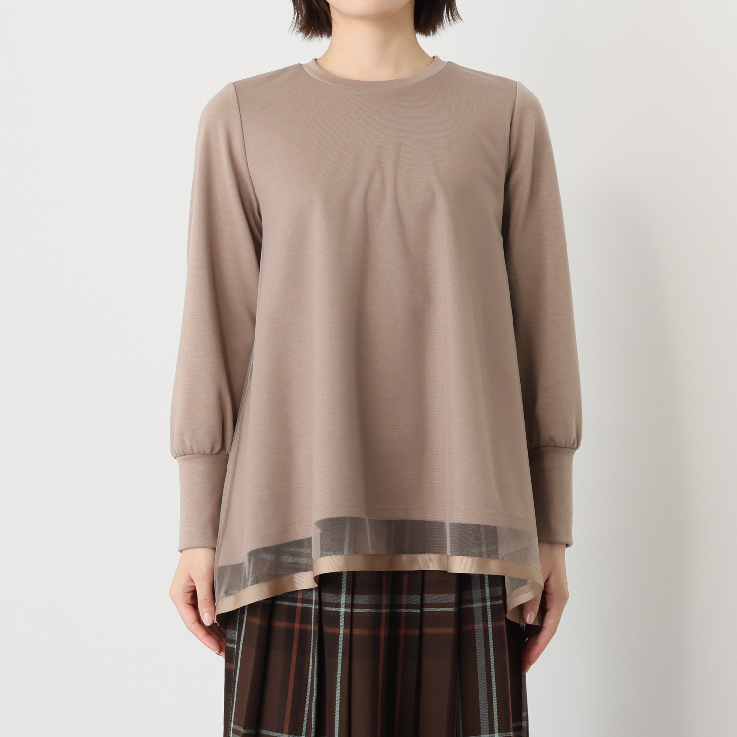 イシカワラボ★ヒトミ 裏起毛ソフトジャージー チュールレイヤード フレアーデザイン チュニックプルオーバー