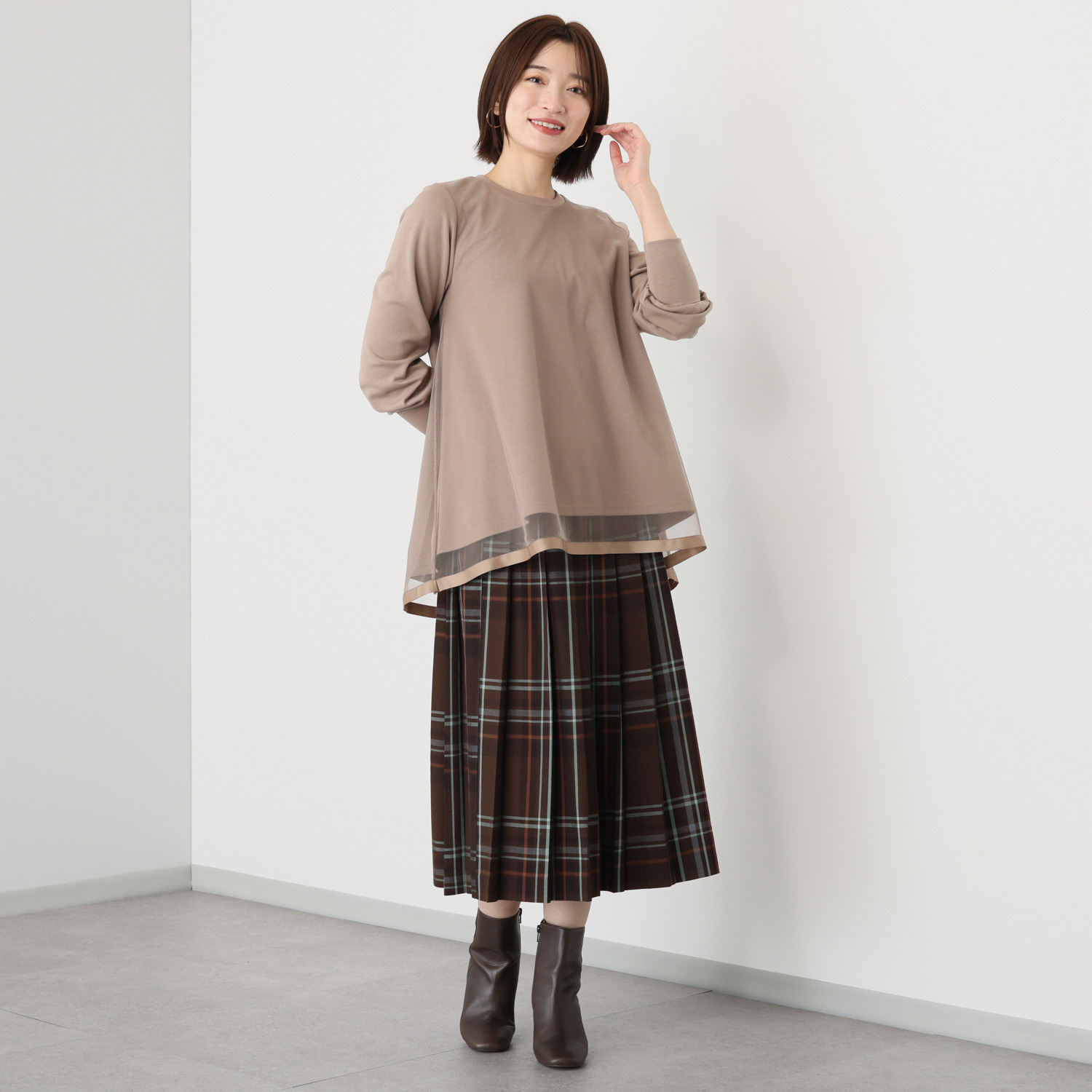 イシカワラボ★ヒトミ 裏起毛ソフトジャージー チュールレイヤード フレアーデザイン チュニックプルオーバー