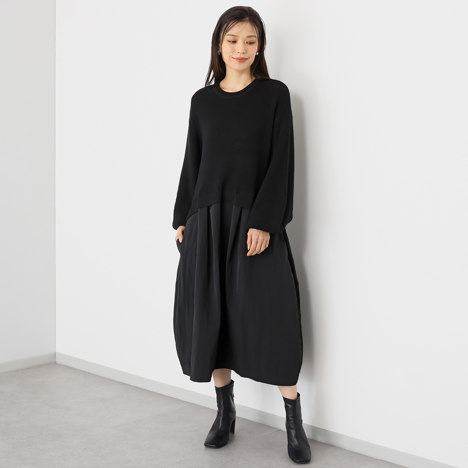 マダムヒロコ 布帛ドッキング ニットワンピース