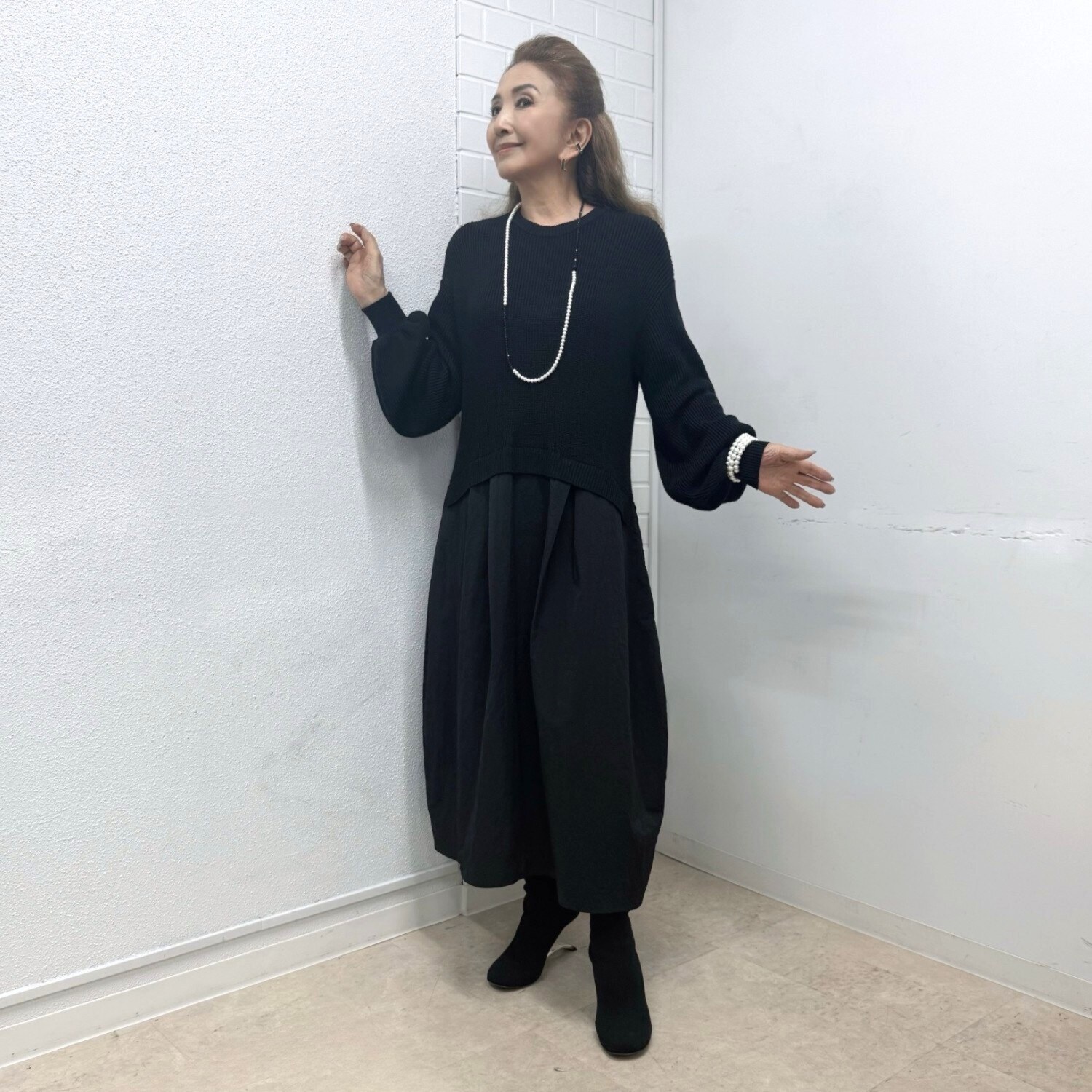 マダムヒロコ 布帛ドッキング ニットワンピース