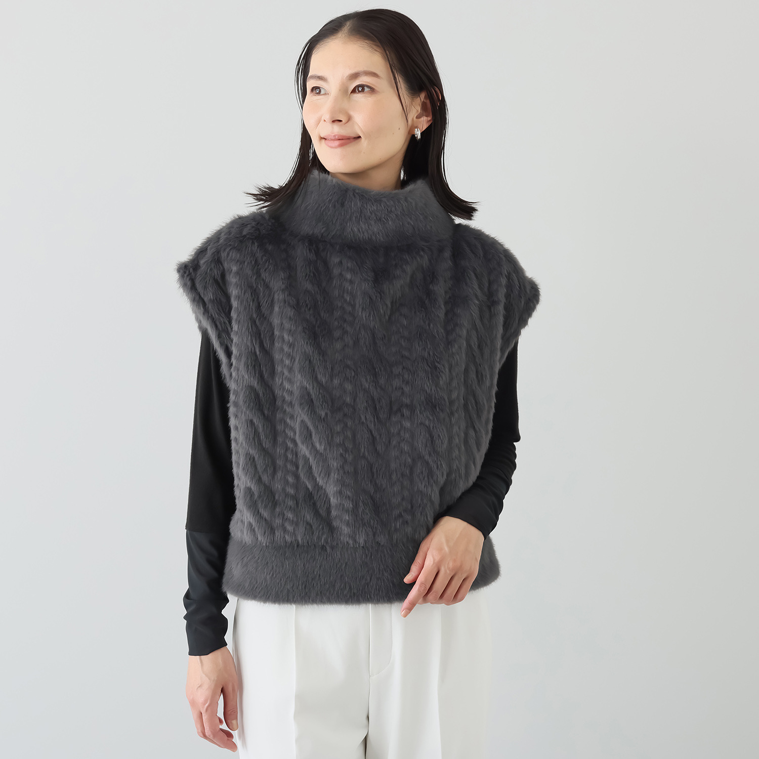 スタイル・ラヴィー ケーブル編風エコファー＆ 無地エコファーミックス コーディネイトＵＰ ガーリーベスト