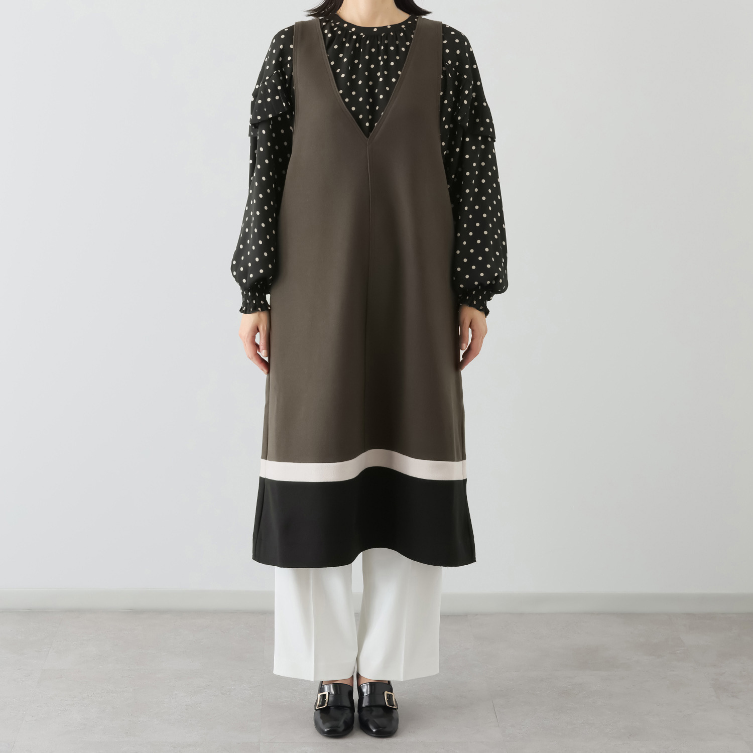 スタイル・ラヴィー バイカラー切替 ウールライクフラノ ジャンスカワンピース