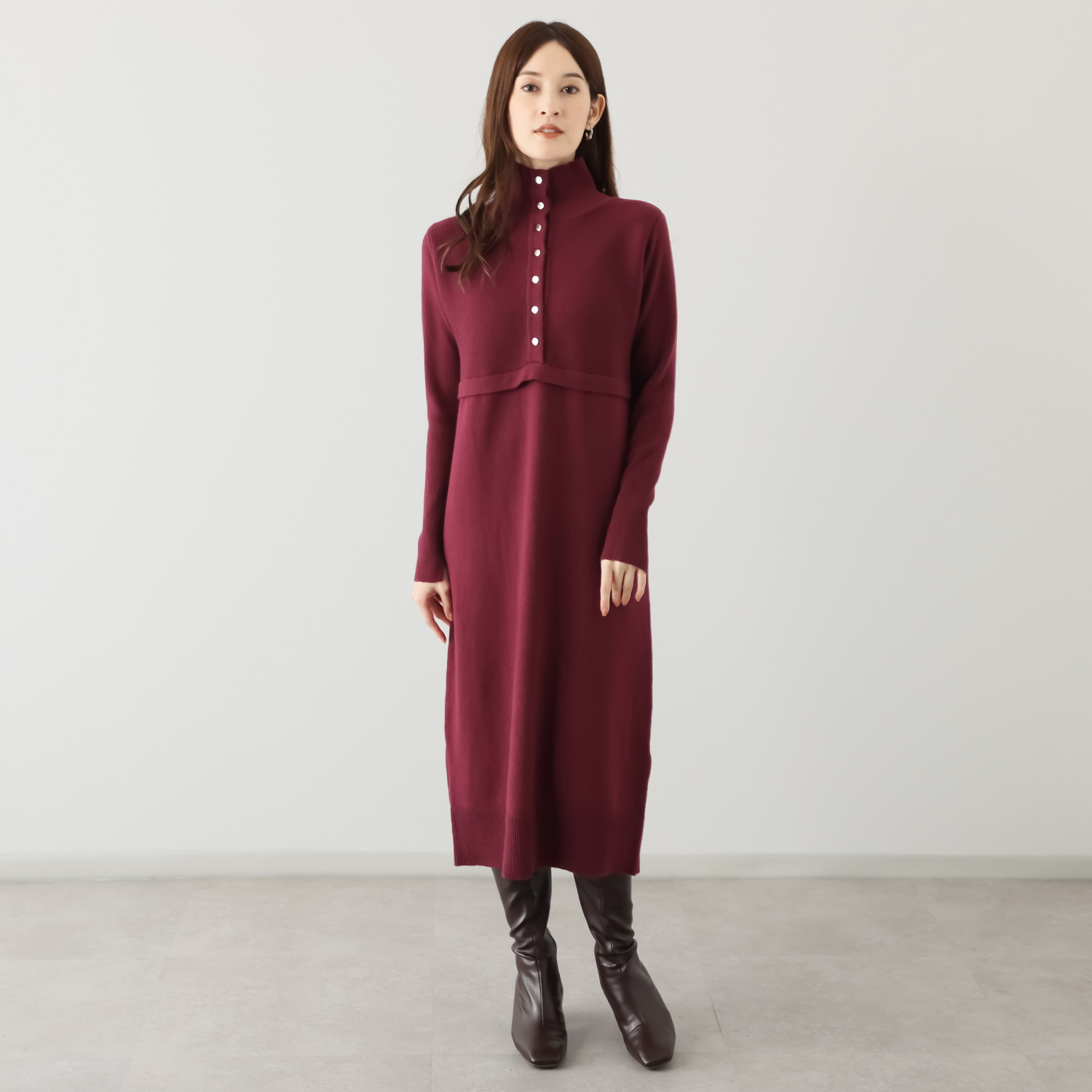 フーア フロントボタン ハイネック ニットワンピース
