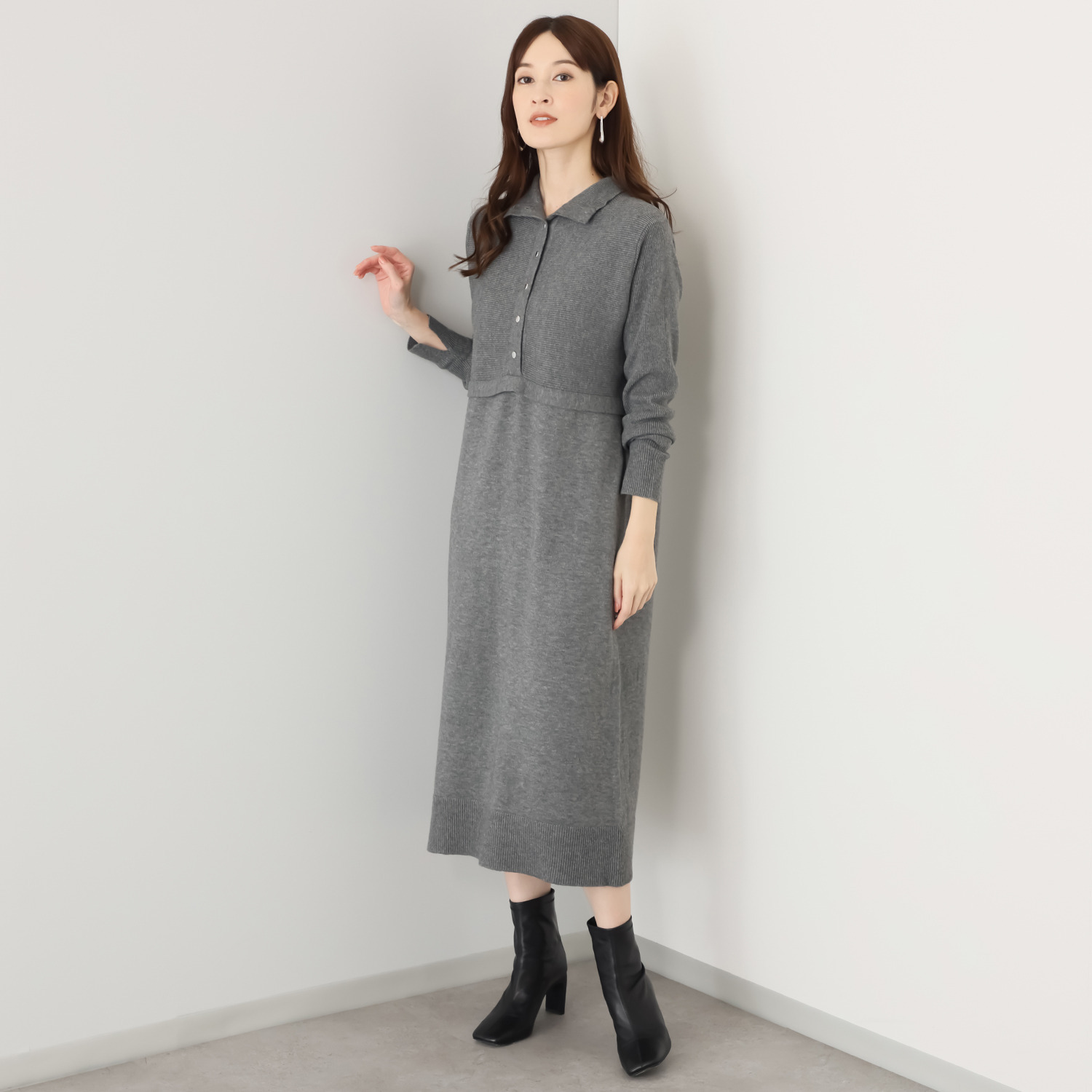 フーア フロントボタン ハイネック ニットワンピース