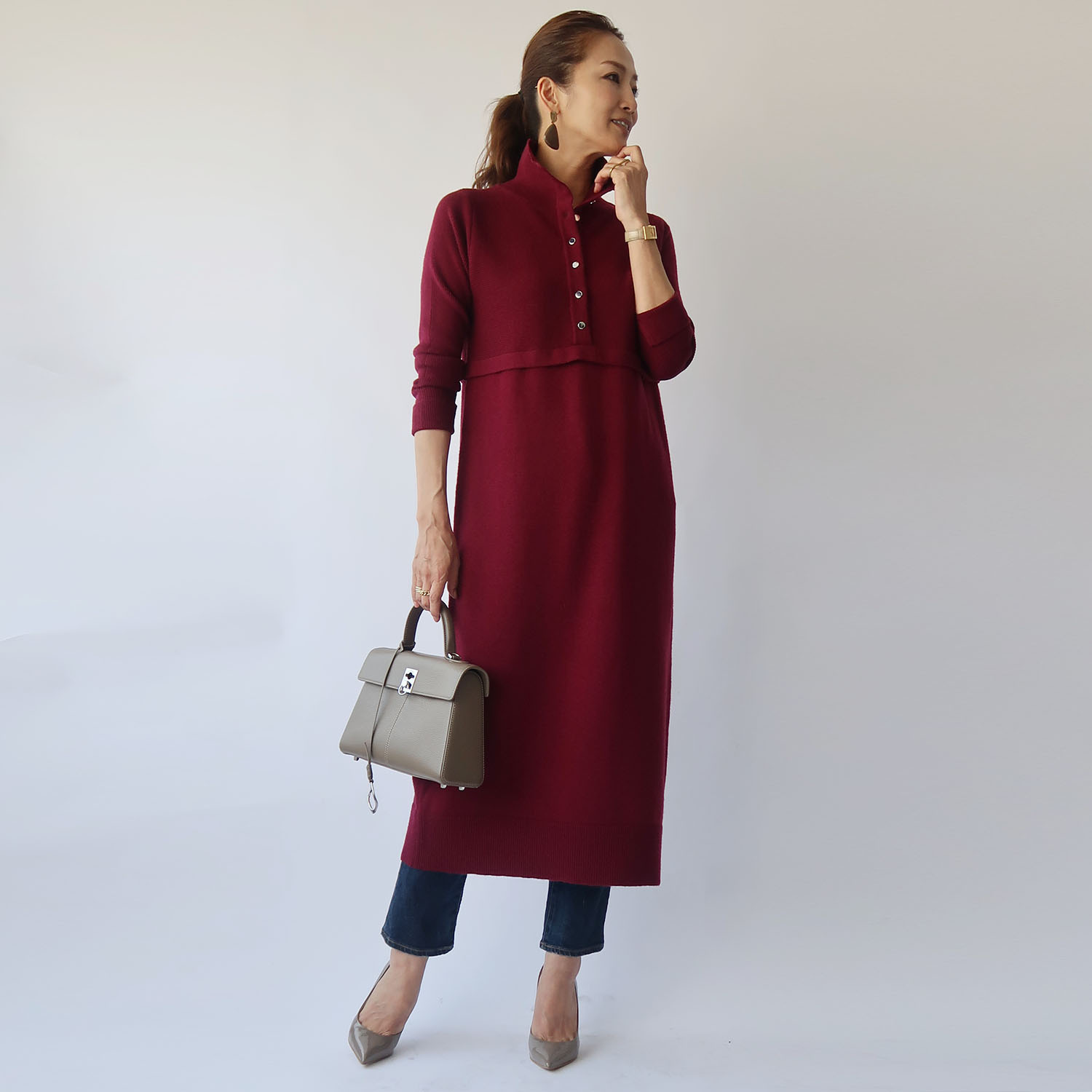 フーア フロントボタン ハイネック ニットワンピース