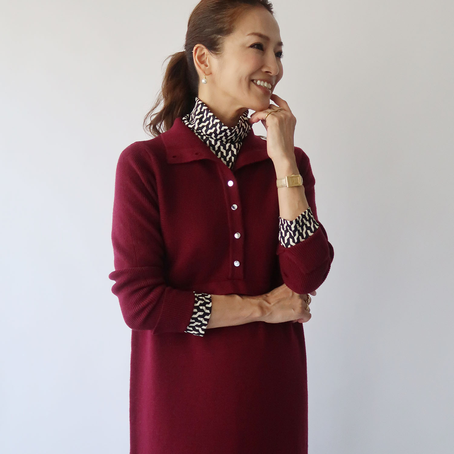 フーア フロントボタン ハイネック ニットワンピース