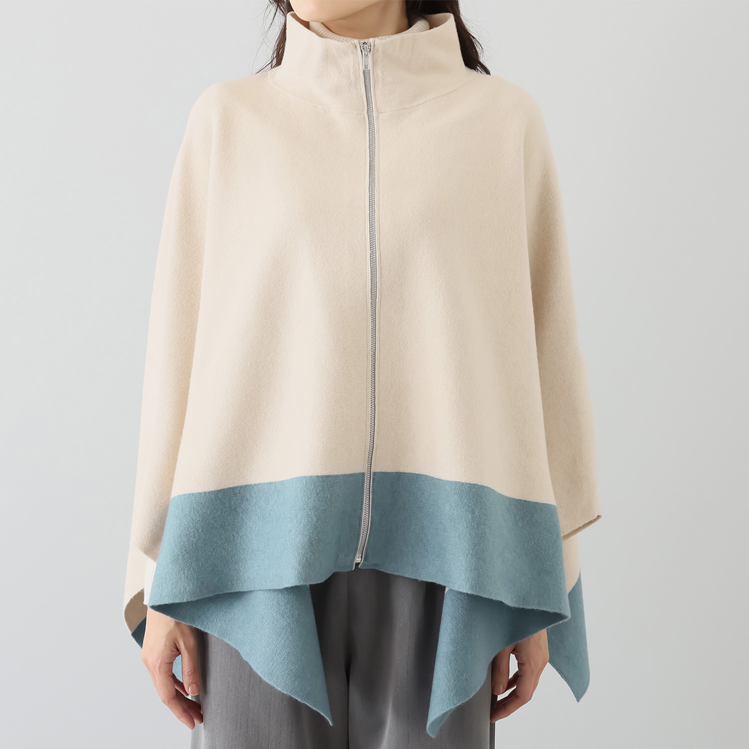 フーア 配色アクセント ジップ付 ニットケープ