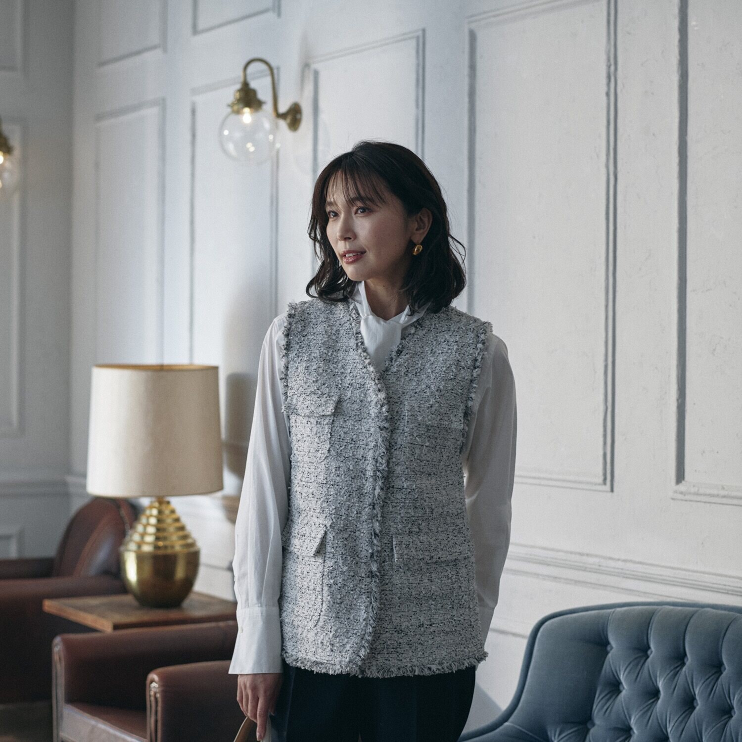 亀　恭子セレクト！ ロペ 尾州産ツイード生地使用 ポケットアクセント Ｖネックジレ