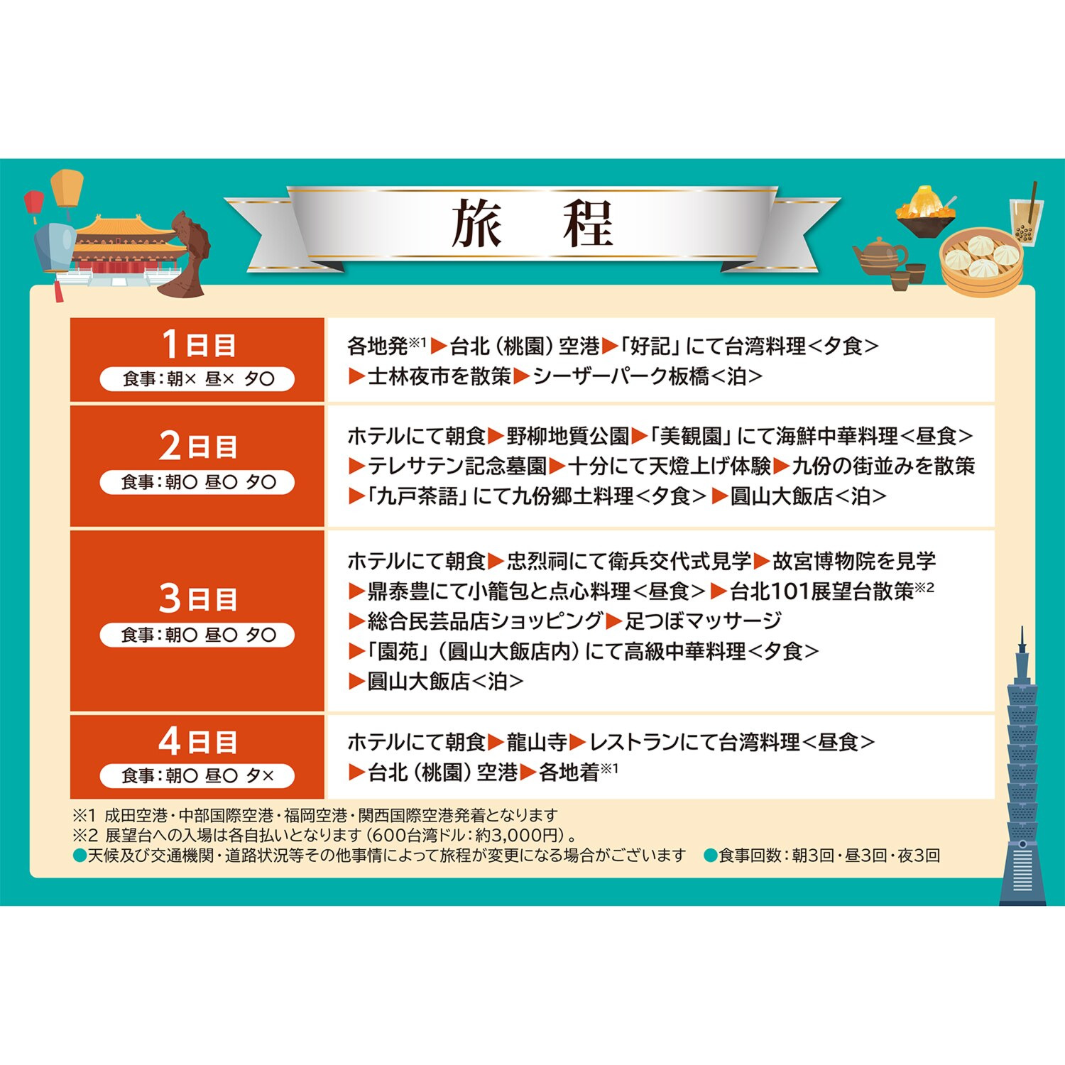 大人時間を愉しむ 台湾北部周遊 ４日間 “成田空港発着 　２名１室”