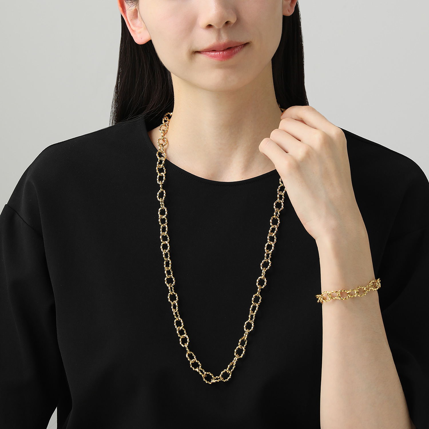 デルークス ステンレス ツイストデザインチェーン ロングネックレス＆ ブレスレットセット